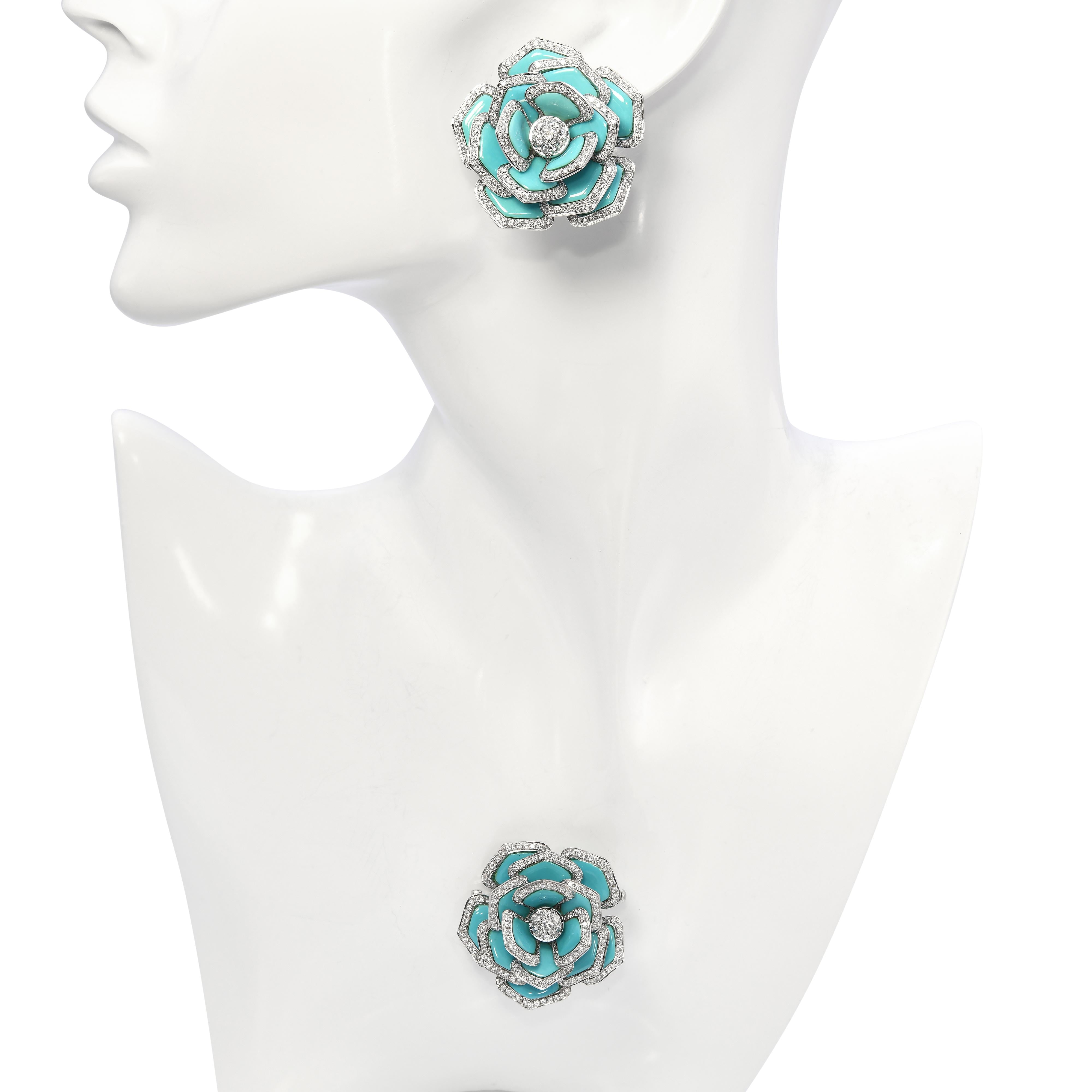 18k White Gold Carved Turquoise and 9.24tcw Diamond Flower Earring & Brooch Set