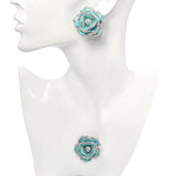 18k White Gold Carved Turquoise and 9.24tcw Diamond Flower Earring & Brooch Set