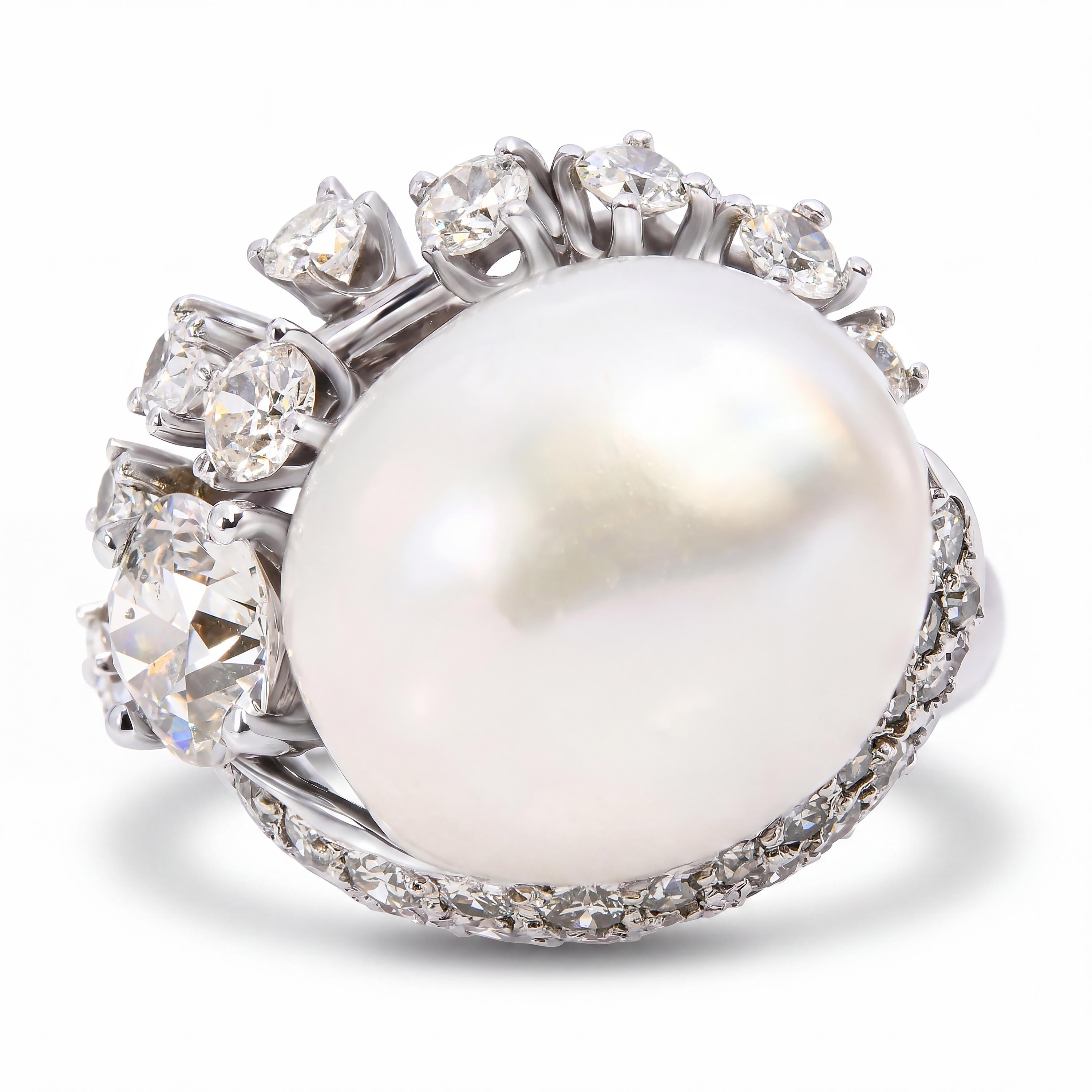 Vintage 800 Platinum Pearl and Diamond Freeform Ring