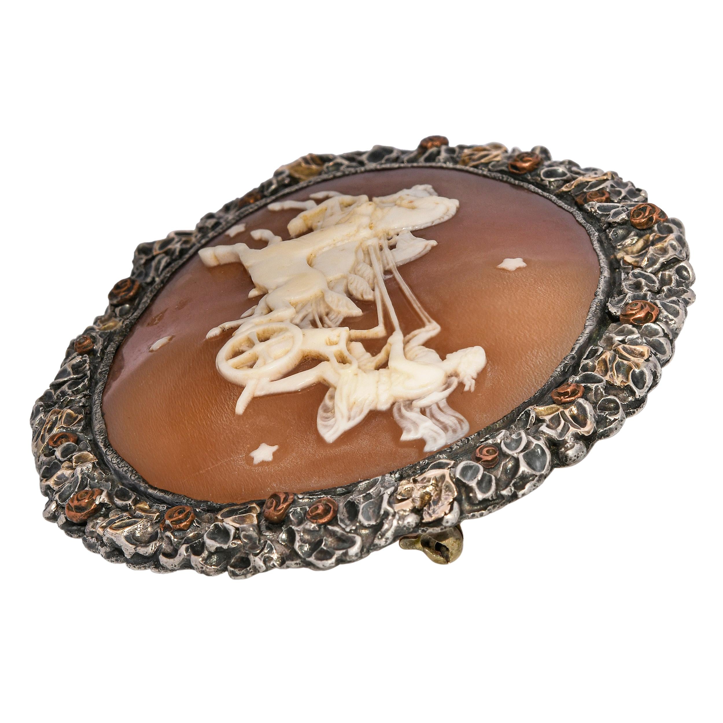 Antique Sterling Silver Cameo Night Comes Rushing Metaphor Brooch Pin