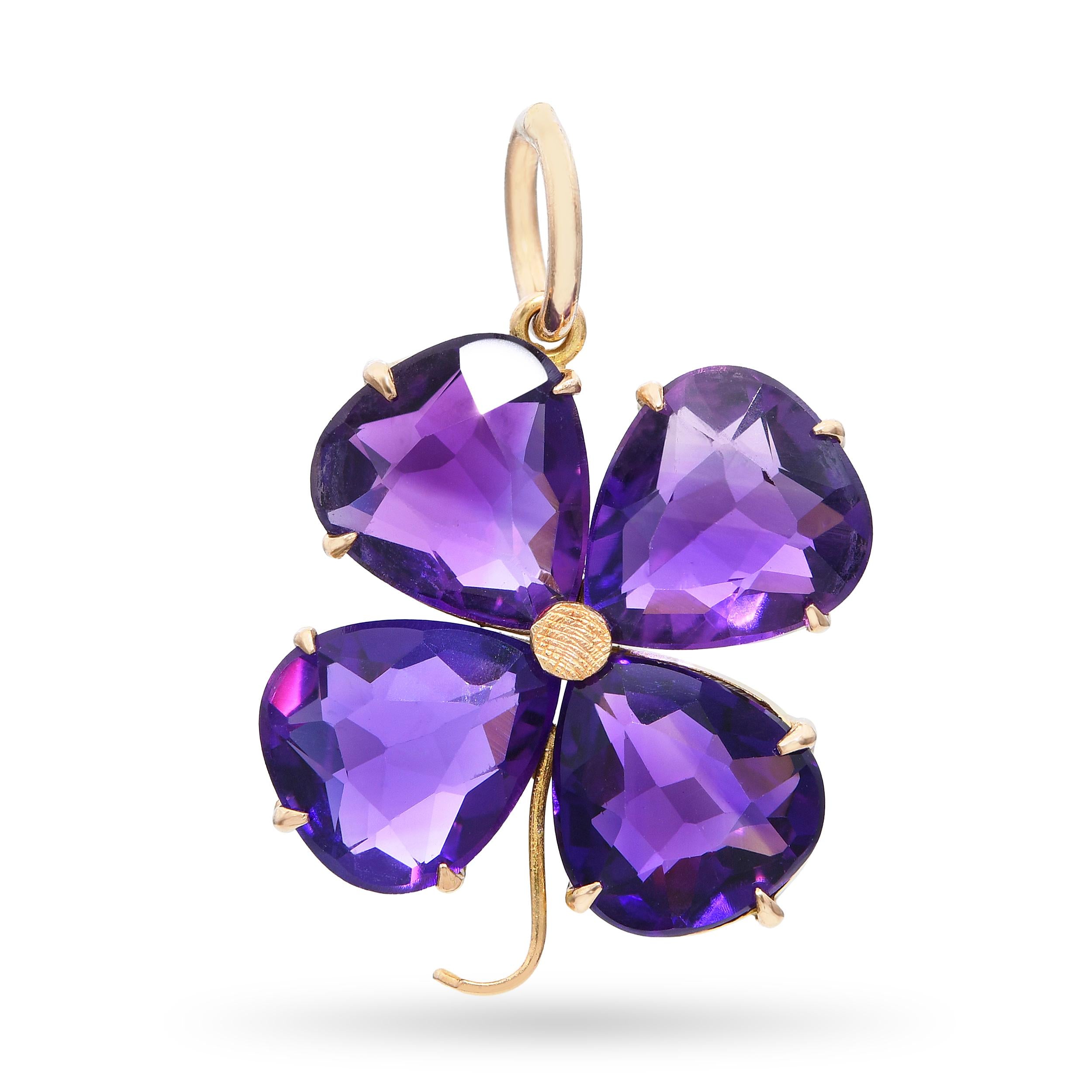 Vintage 14k Yellow Gold 6.45tcw Amethyst Four Leaf Clover Pendant