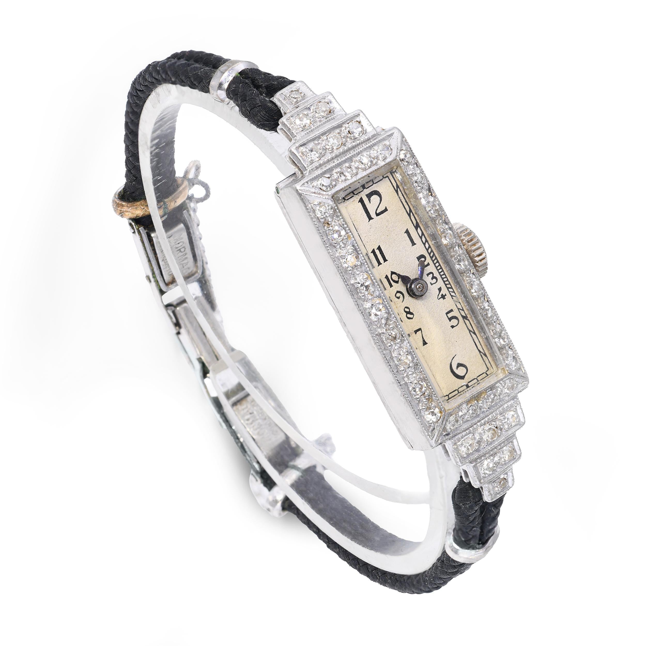 Art Deco Belvil 900 Platinum Diamond Hand Wind Watch
