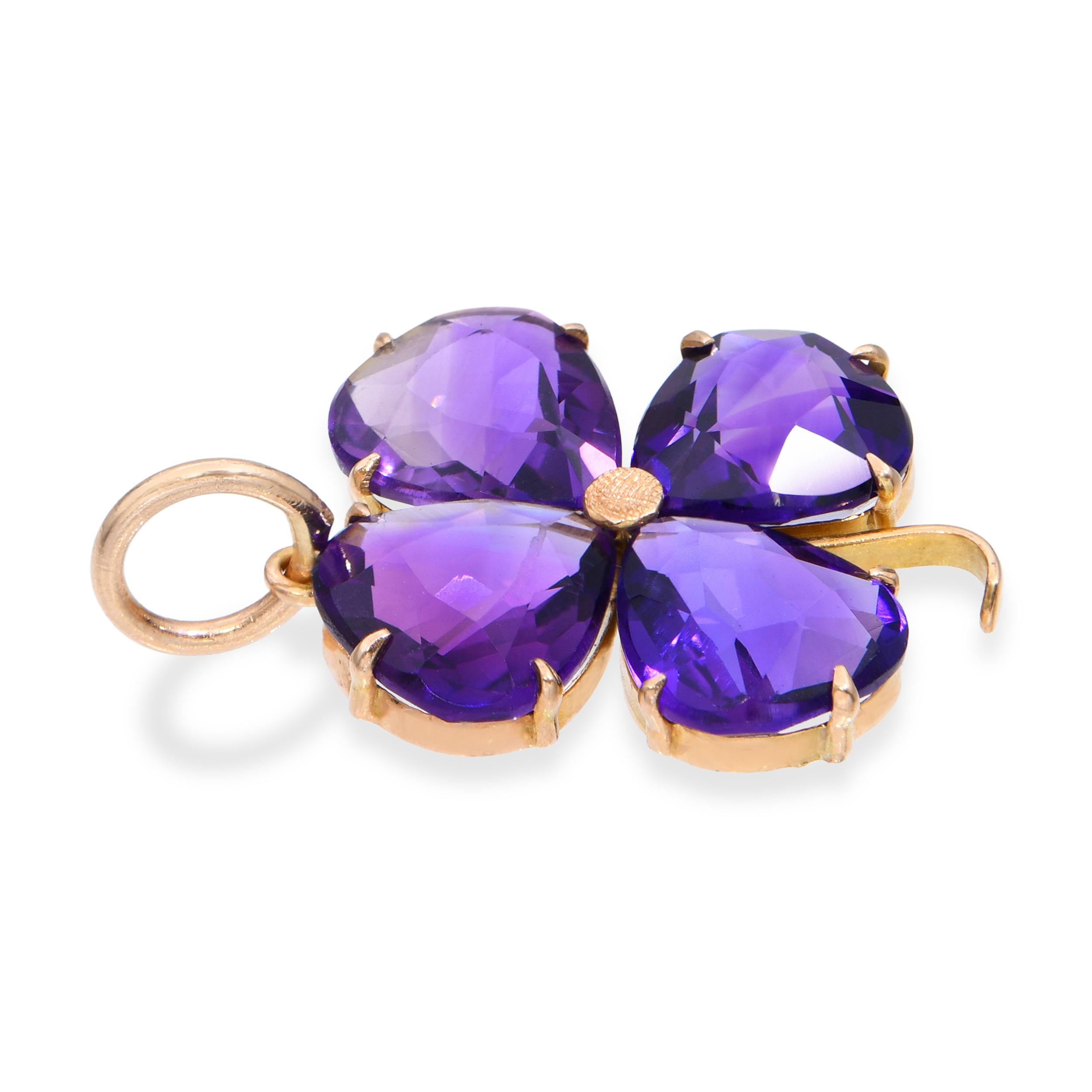 Vintage 14k Yellow Gold 6.45tcw Amethyst Four Leaf Clover Pendant