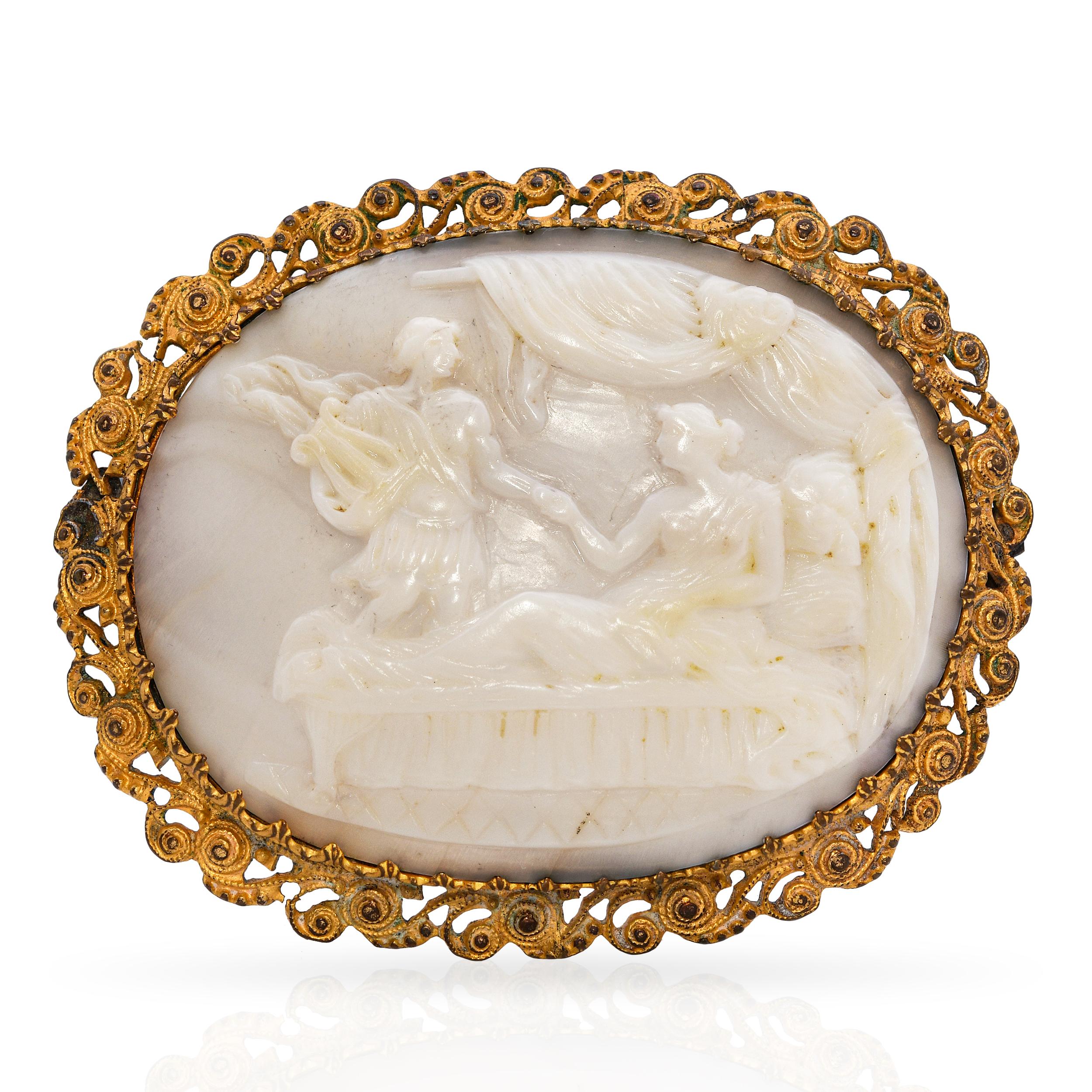 Antique Apollo Entering Boudoir Hardstone Cameo Brooch Pin