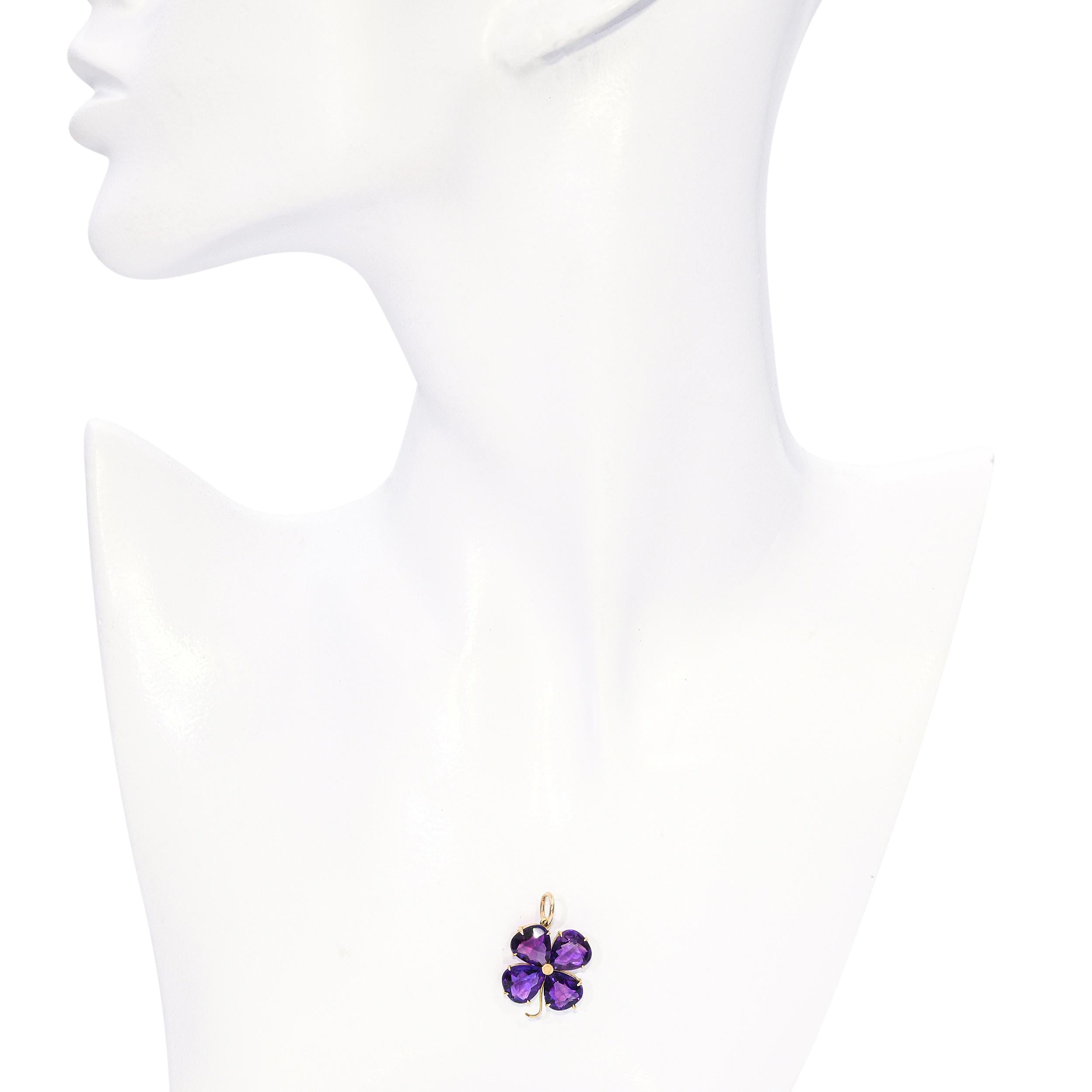 Vintage 14k Yellow Gold 6.45tcw Amethyst Four Leaf Clover Pendant