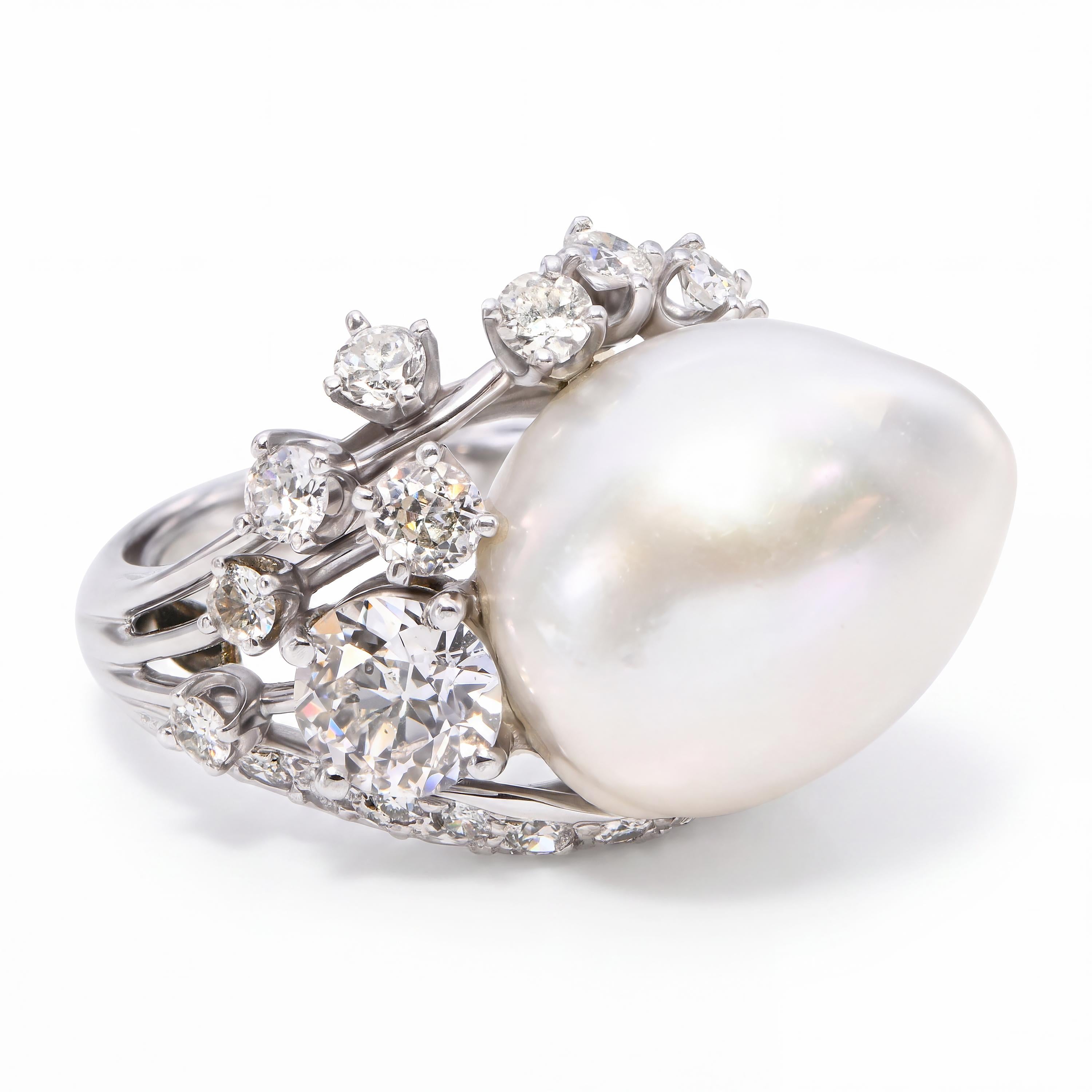 Vintage 800 Platinum Pearl and Diamond Freeform Ring