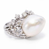 Vintage 800 Platinum Pearl and Diamond Freeform Ring