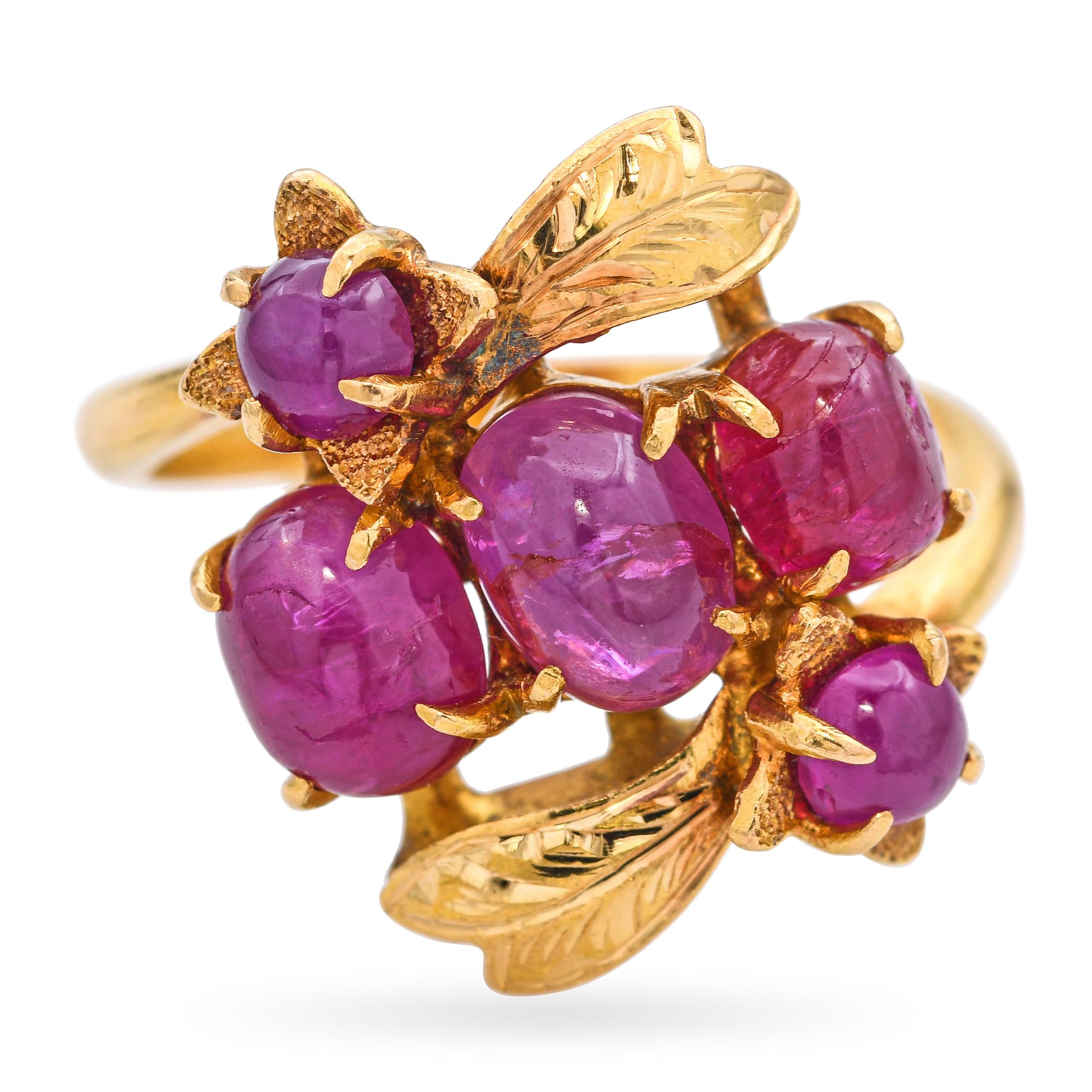 Vintage 21k Yellow Gold 4.12tcw Star Ruby Cluster Floral Motif Ring