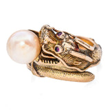 Vintage 14k Yellow Gold Asian Dragon with Ruby Eyes Chasing Pearl Ring