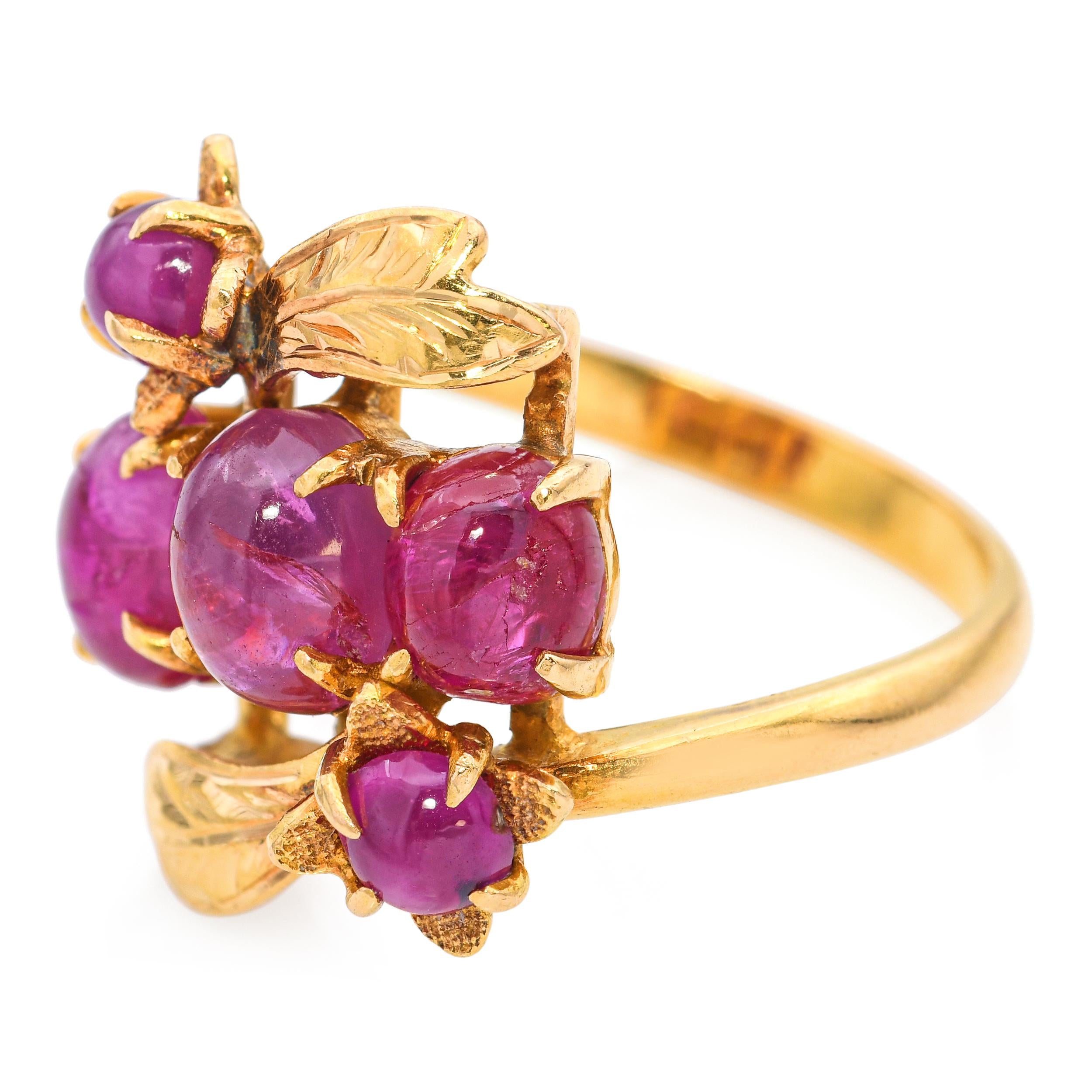 Vintage 21k Yellow Gold 4.12tcw Star Ruby Cluster Floral Motif Ring