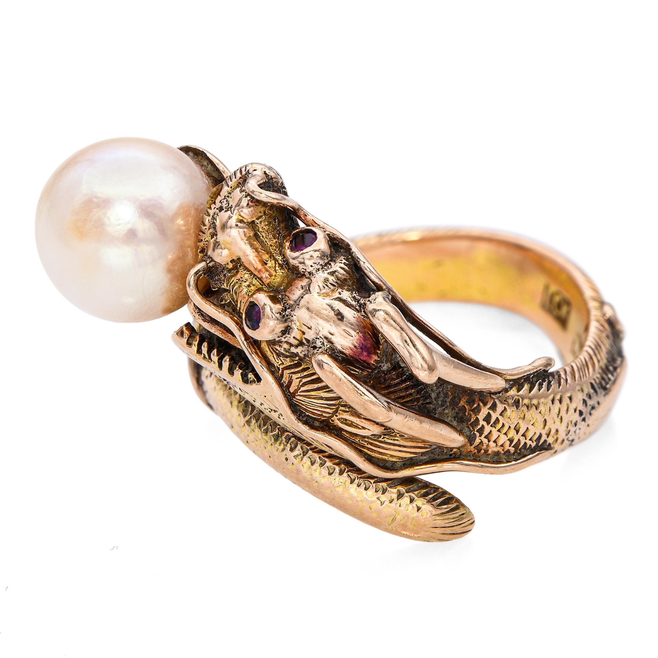 Vintage 14k Yellow Gold Asian Dragon with Ruby Eyes Chasing Pearl Ring