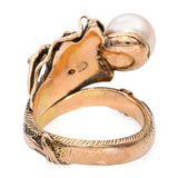 Vintage 14k Yellow Gold Asian Dragon with Ruby Eyes Chasing Pearl Ring