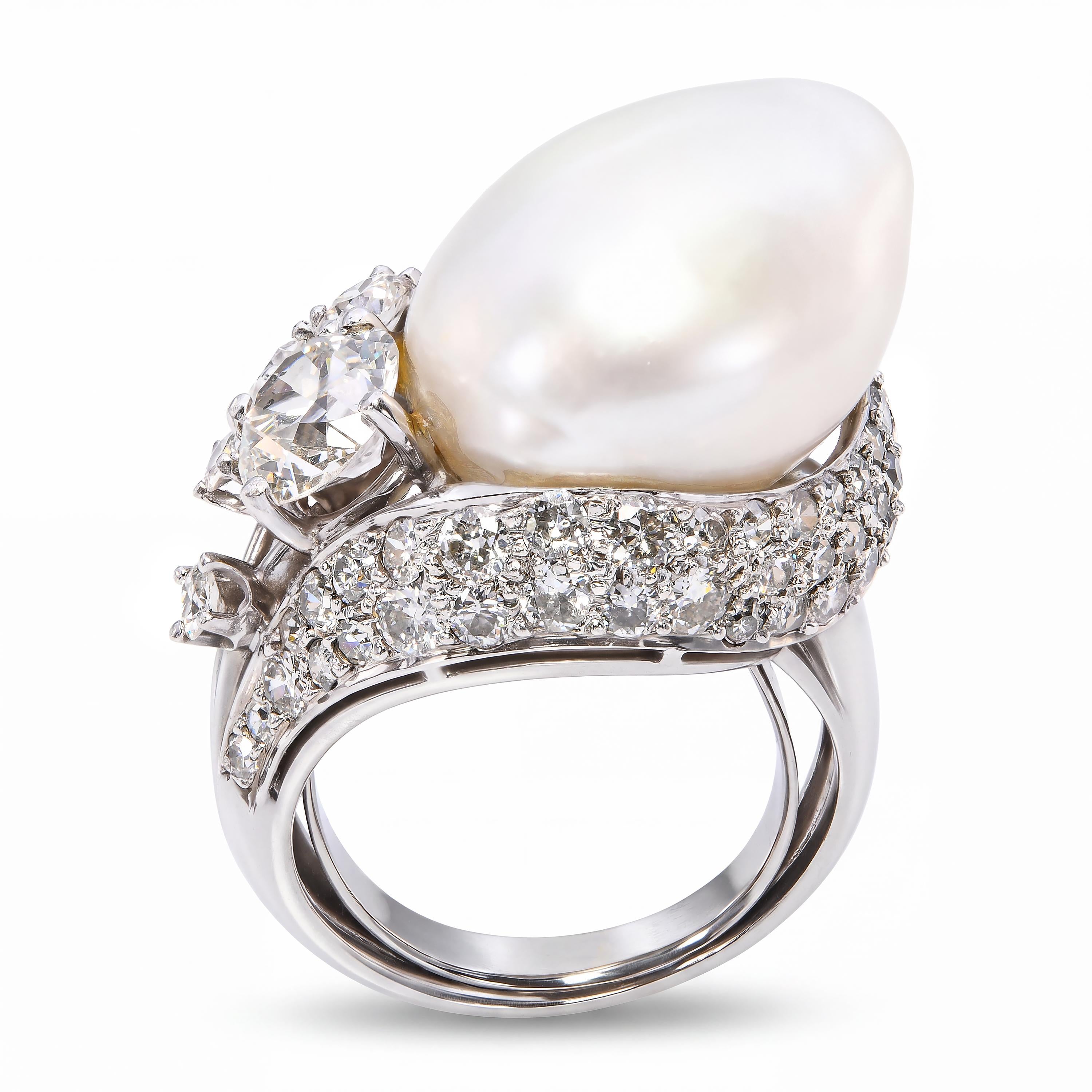 Vintage 800 Platinum Pearl and Diamond Freeform Ring