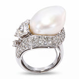 Vintage 800 Platinum Pearl and Diamond Freeform Ring