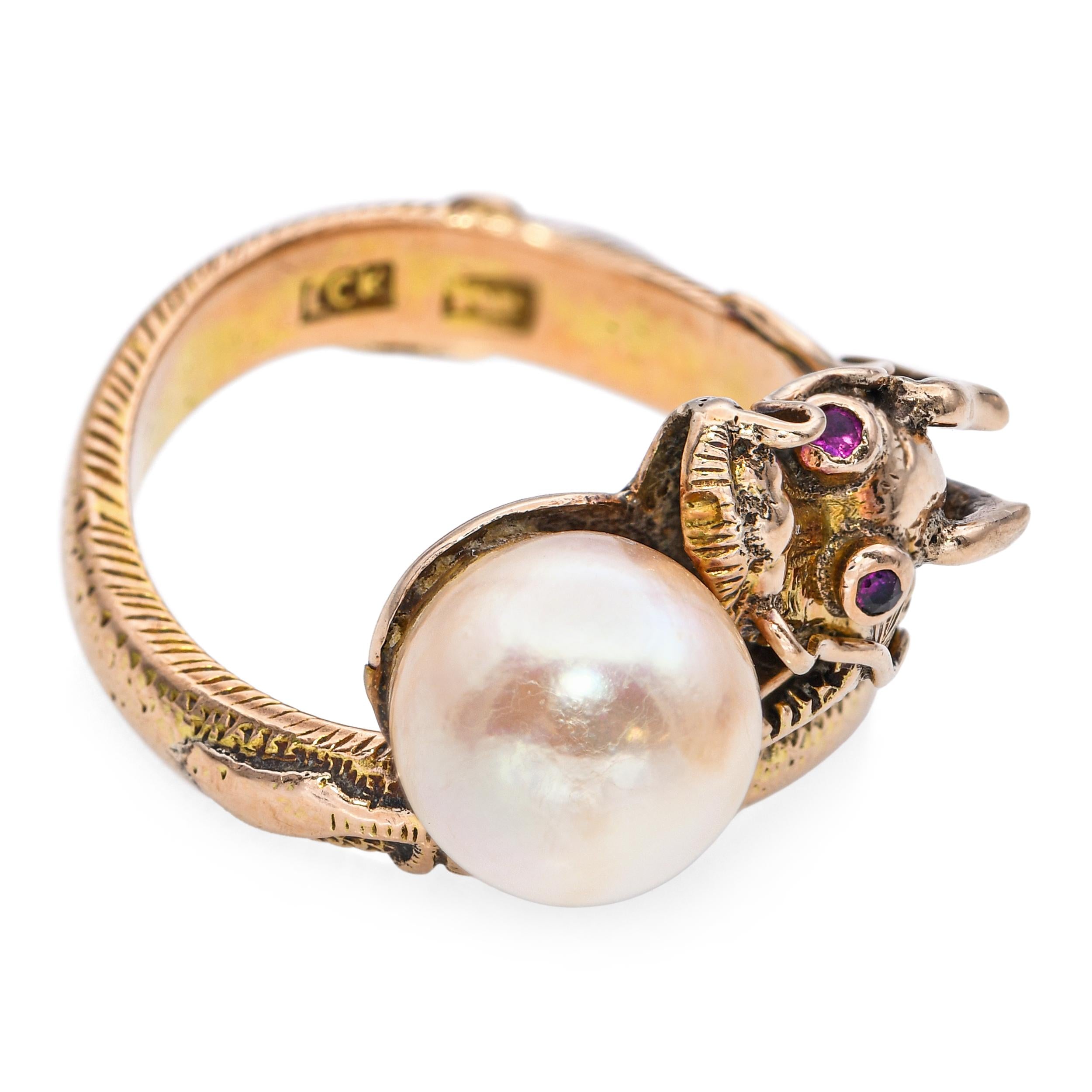 Vintage 14k Yellow Gold Asian Dragon with Ruby Eyes Chasing Pearl Ring