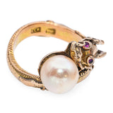 Vintage 14k Yellow Gold Asian Dragon with Ruby Eyes Chasing Pearl Ring