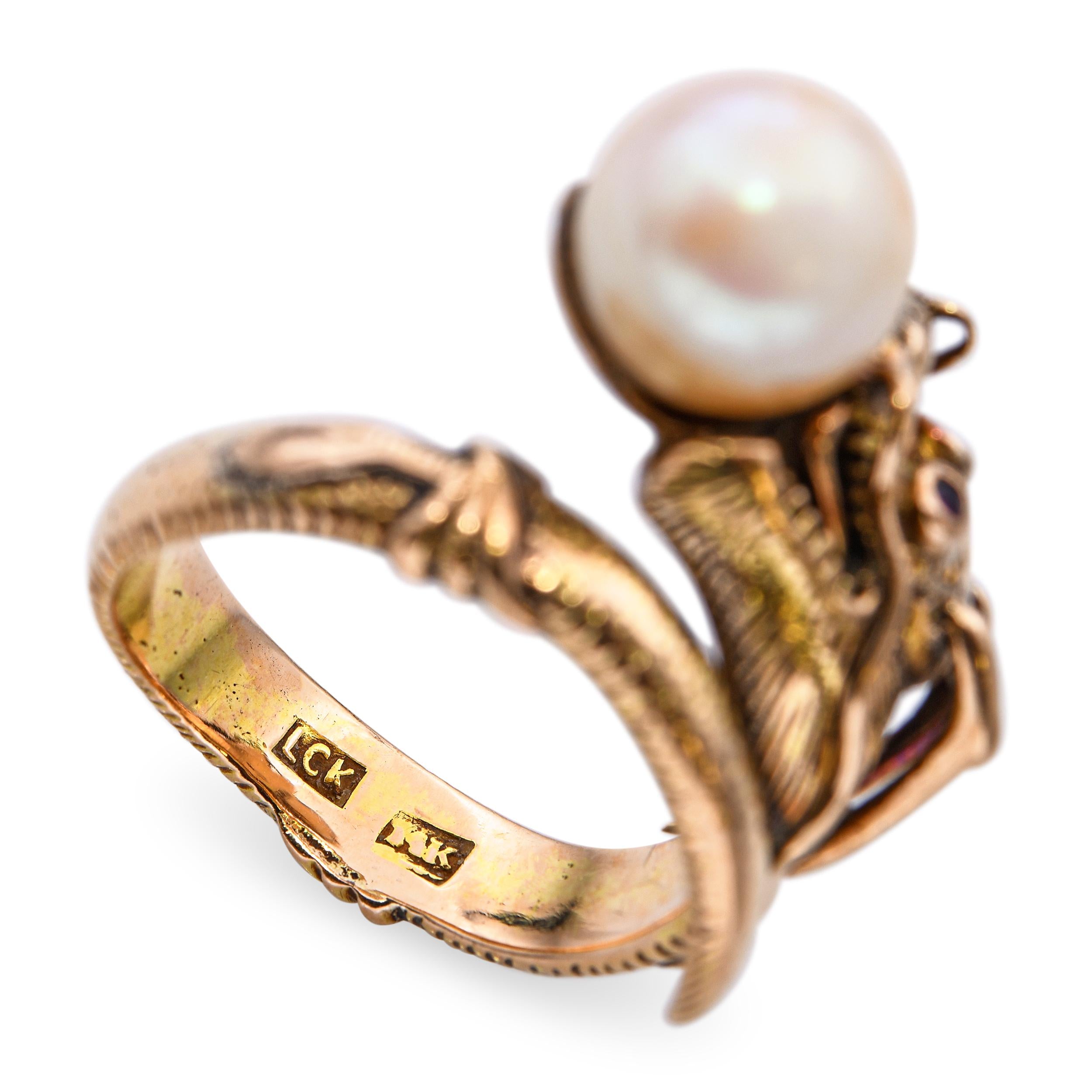 Vintage 14k Yellow Gold Asian Dragon with Ruby Eyes Chasing Pearl Ring