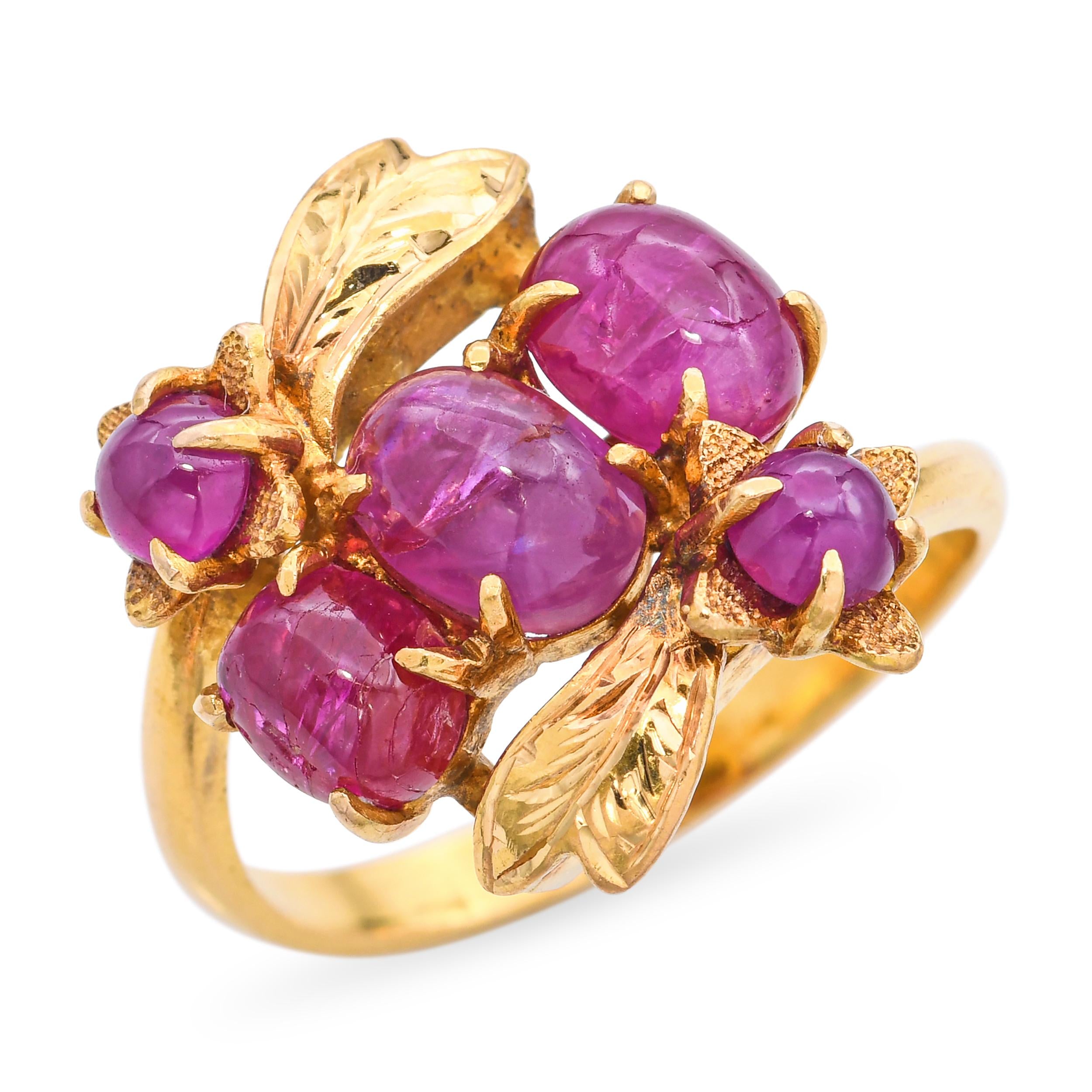 Vintage 21k Yellow Gold 4.12tcw Star Ruby Cluster Floral Motif Ring