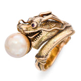 Vintage 14k Yellow Gold Asian Dragon with Ruby Eyes Chasing Pearl Ring