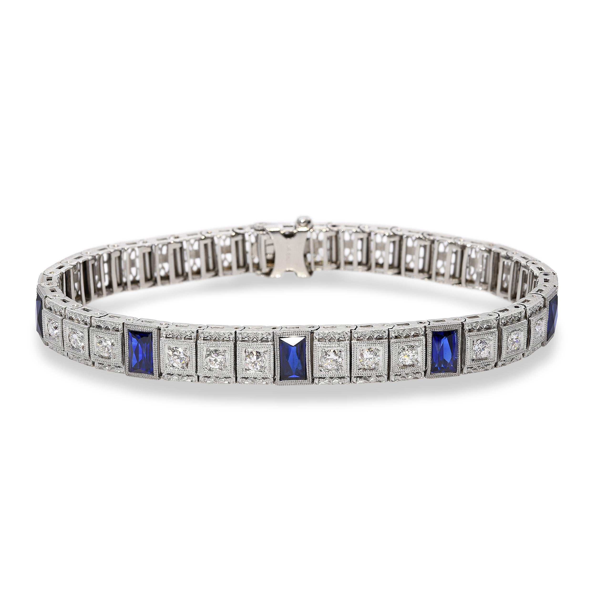 Antique 14K White Gold Platinum Sapphire Diamond Filigree Bracelet