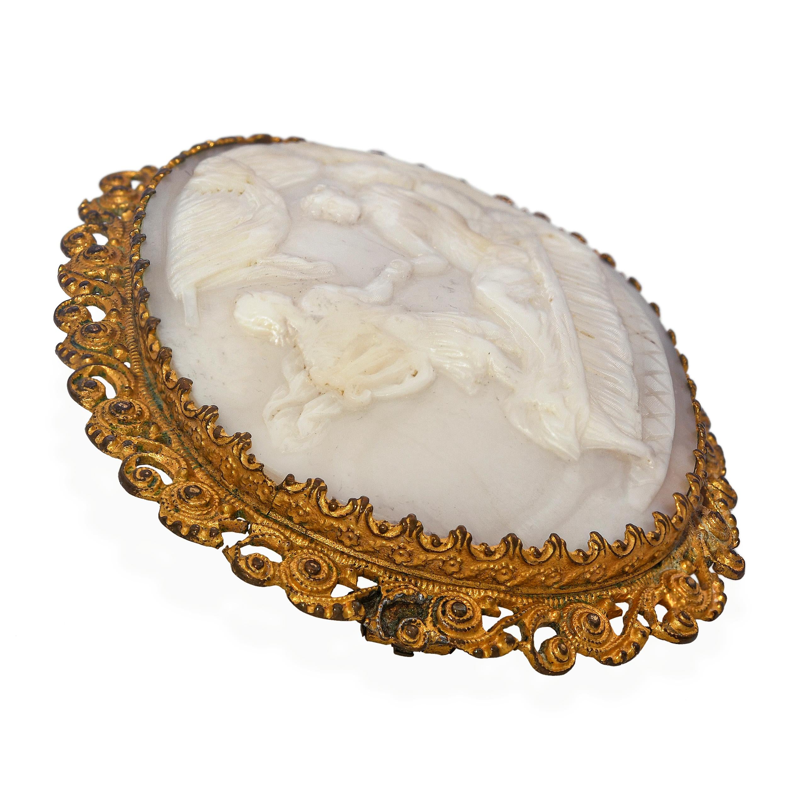 Antique Apollo Entering Boudoir Hardstone Cameo Brooch Pin