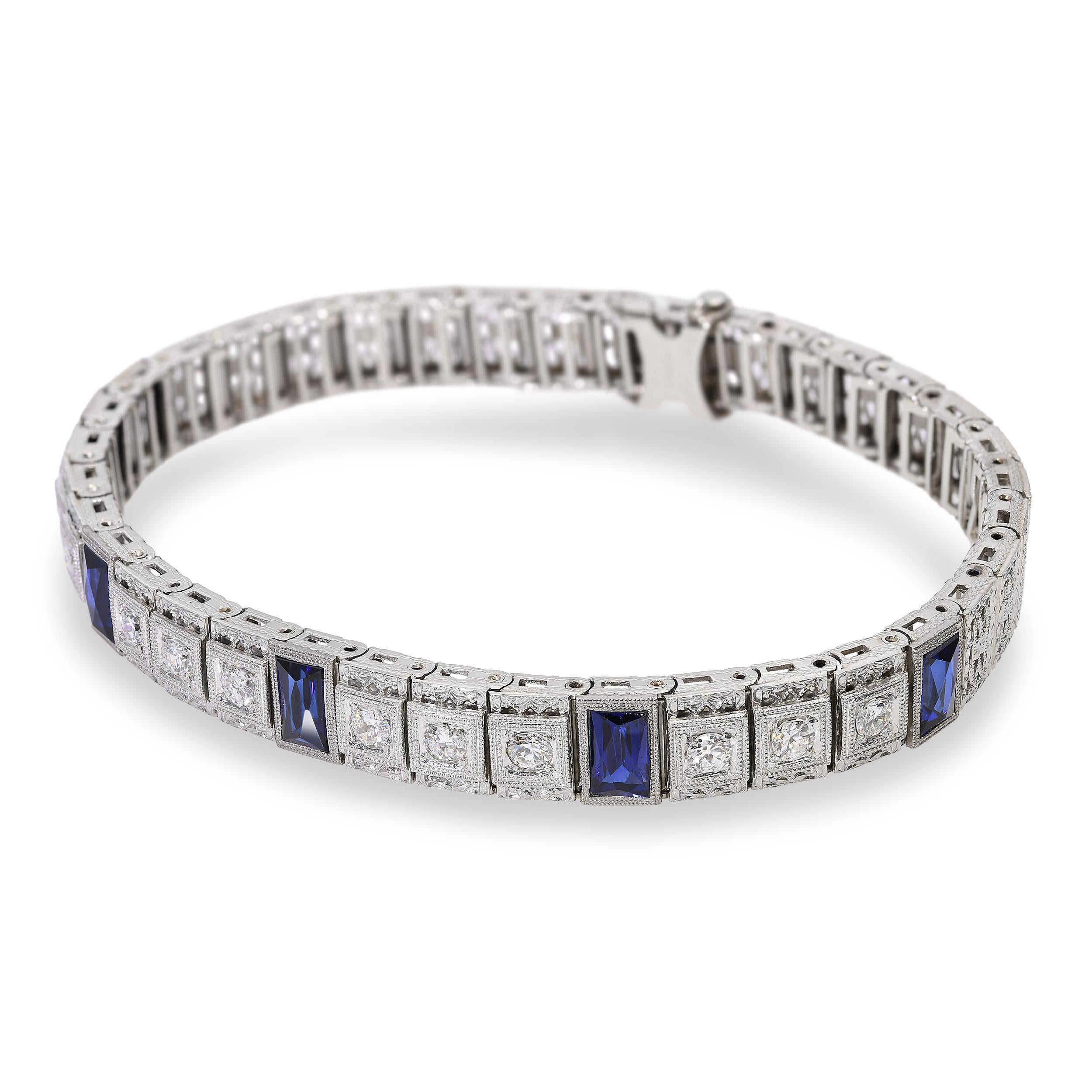 Antique 14K White Gold Platinum Sapphire Diamond Filigree Bracelet