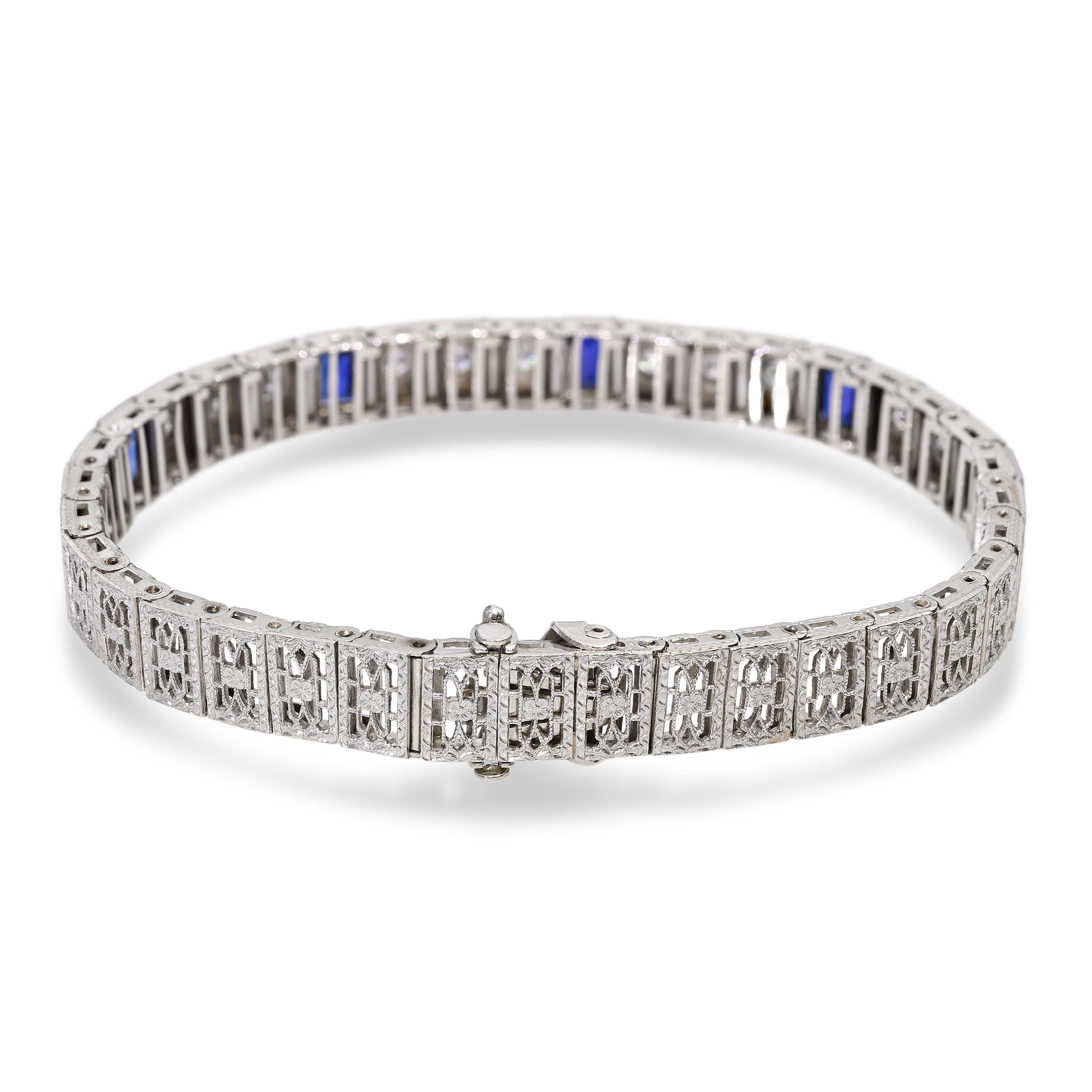 Antique 14K White Gold Platinum Sapphire Diamond Filigree Bracelet