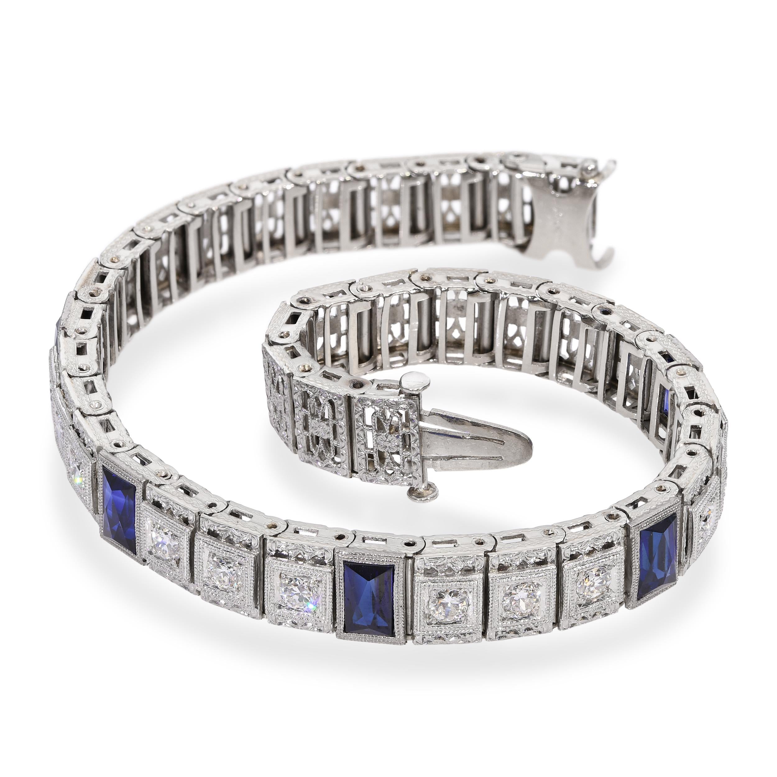 Antique 14K White Gold Platinum Sapphire Diamond Filigree Bracelet