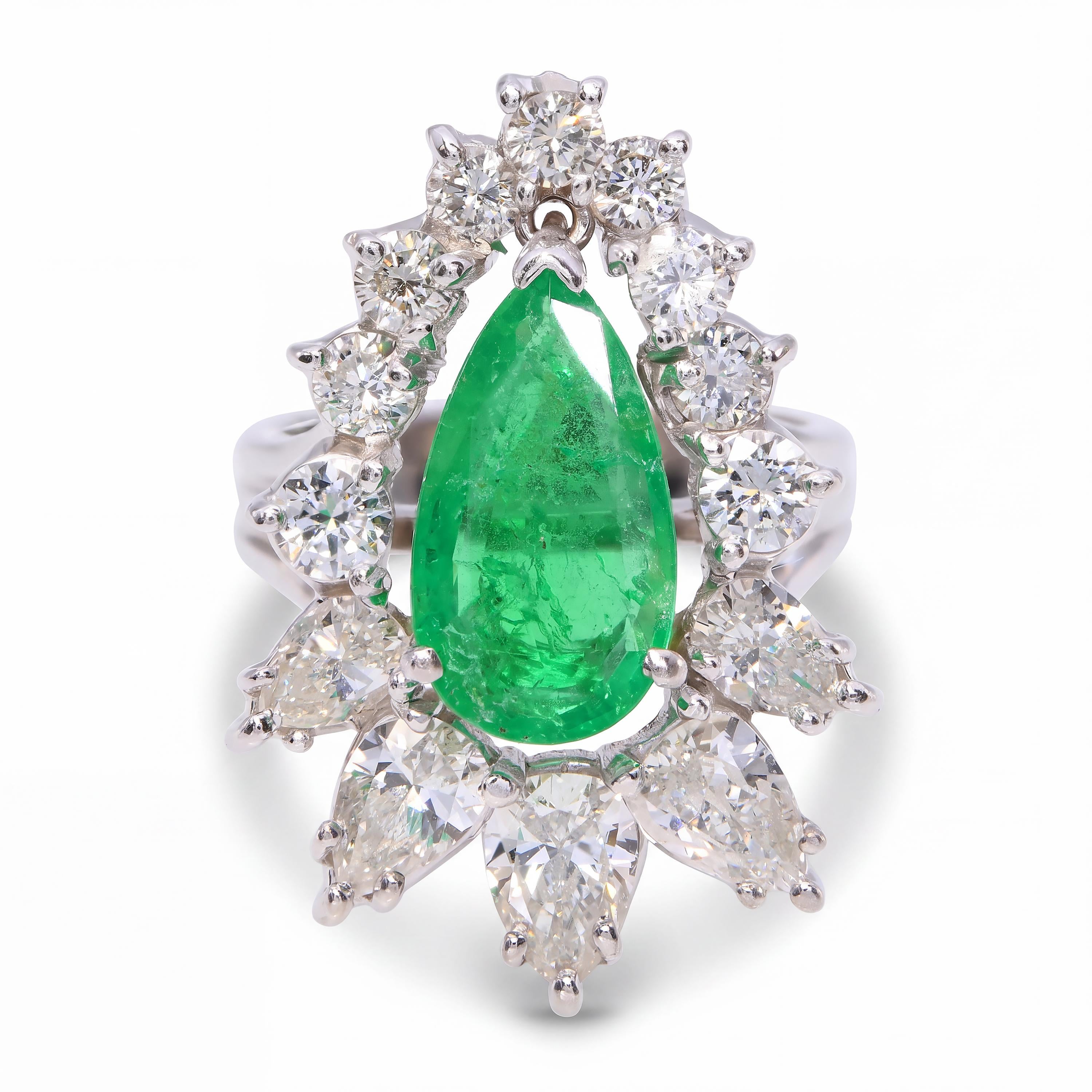 Vintage 14k White Gold 1.51ct Emerald & 2.31ctw Diamond Cocktail Ring