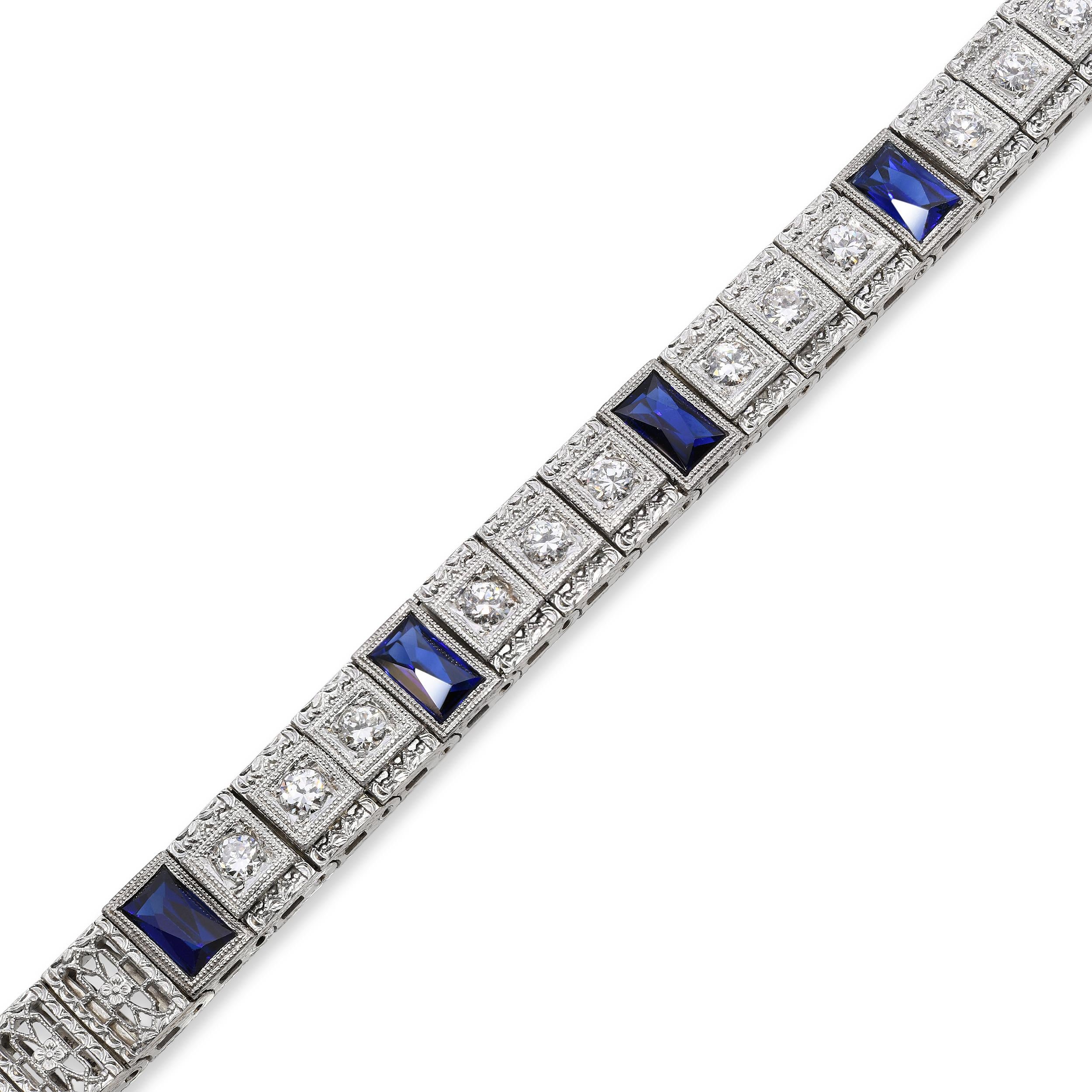 Antique 14K White Gold Platinum Sapphire Diamond Filigree Bracelet