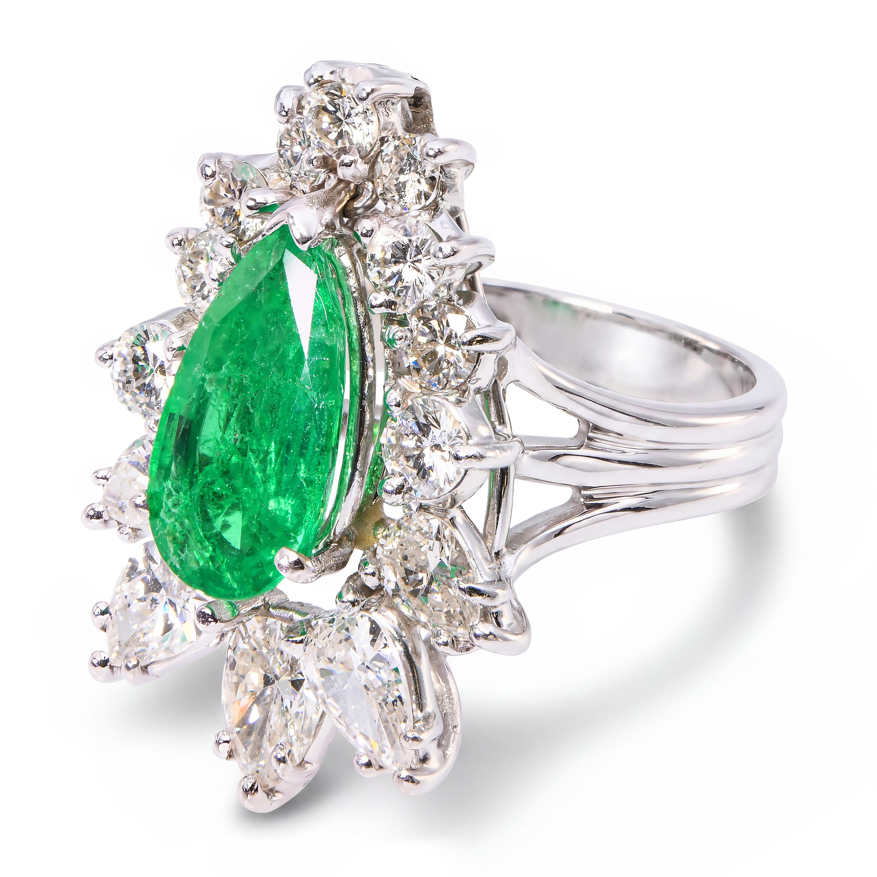 Vintage 14k White Gold 1.51ct Emerald & 2.31ctw Diamond Cocktail Ring