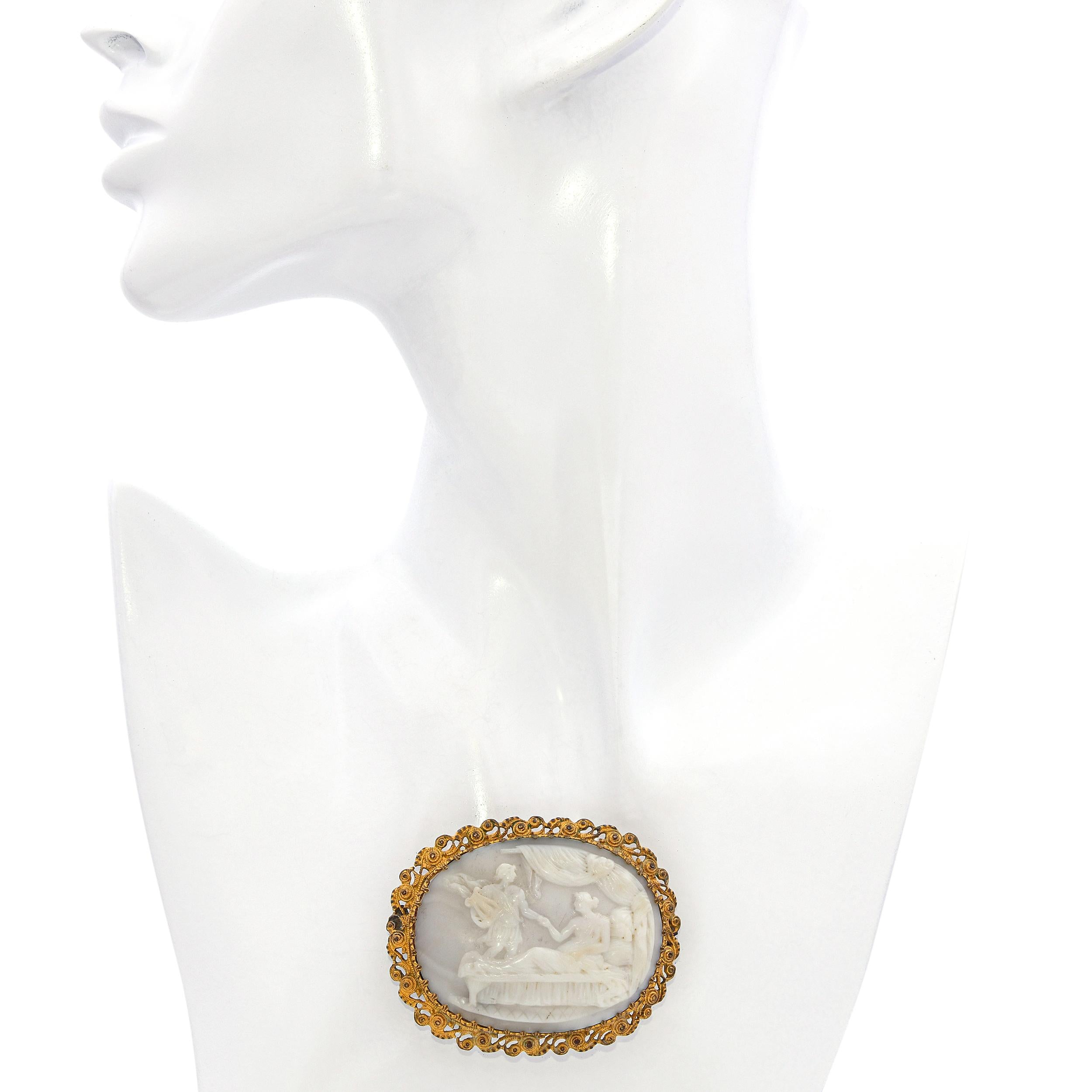 Antique Apollo Entering Boudoir Hardstone Cameo Brooch Pin