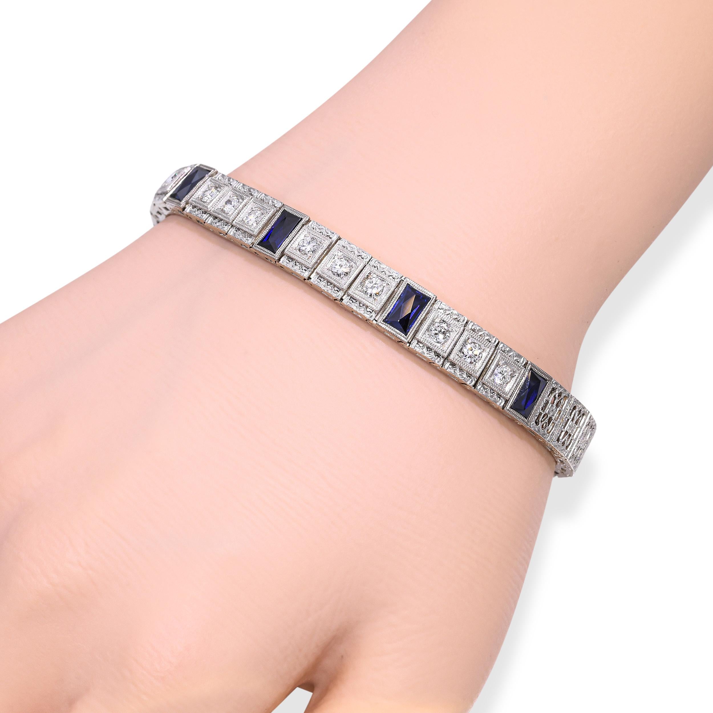 Antique 14K White Gold Platinum Sapphire Diamond Filigree Bracelet