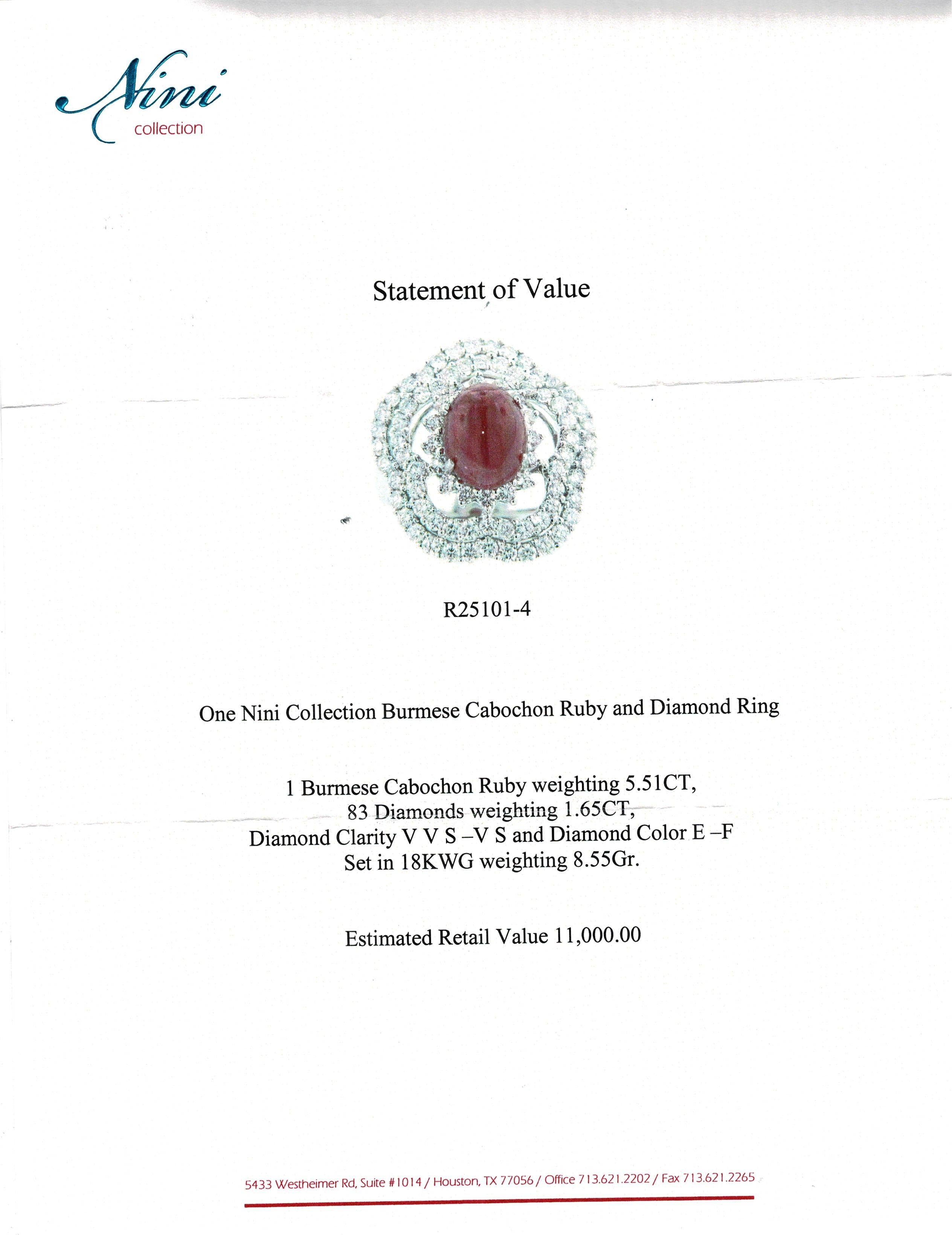 Nini 18k White Gold 5.51ct Ruby and 1.65tcw VS1 E-F Diamond Statement Ring