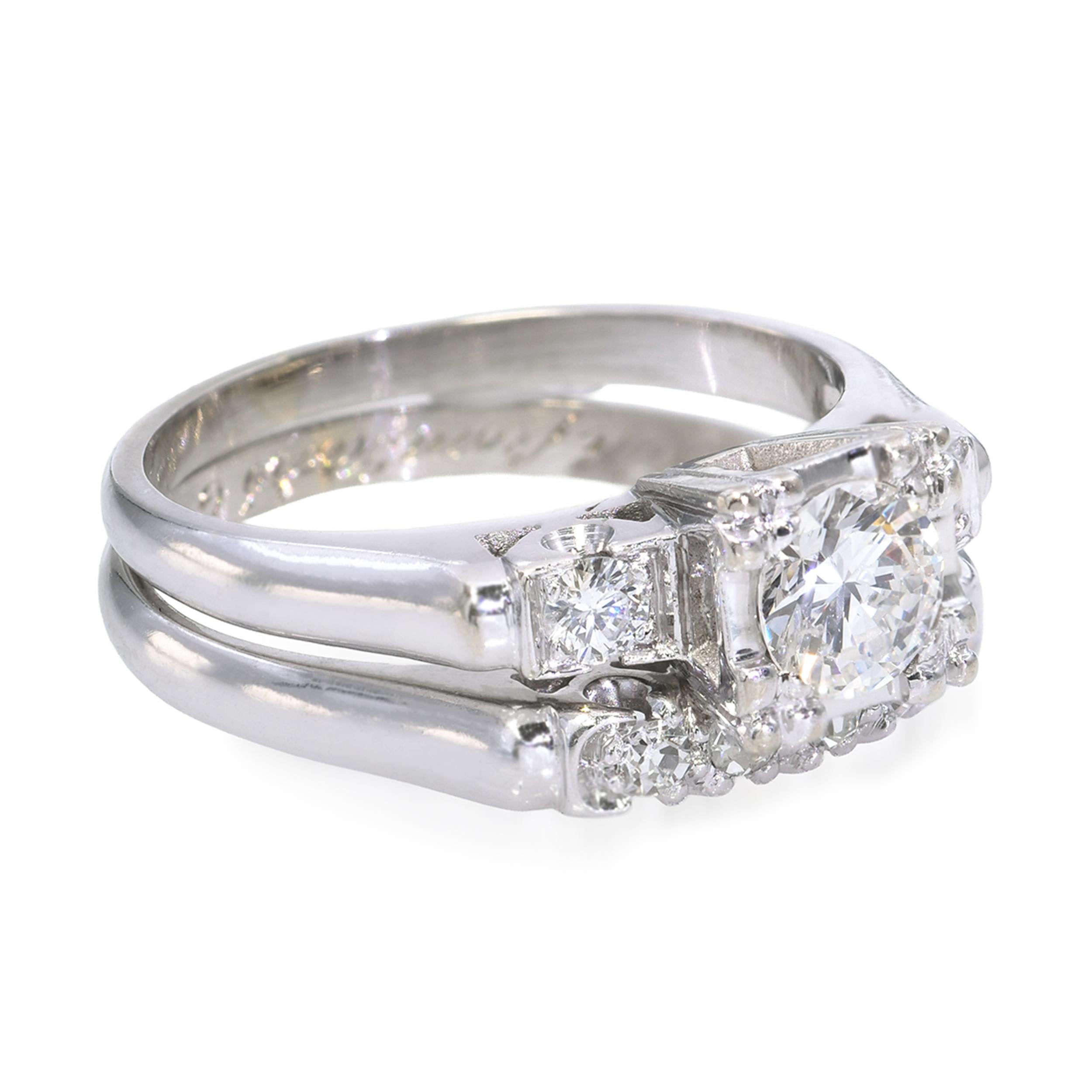 Vintage White Gold .77ctw Diamond Engagement & Wedding Band Set