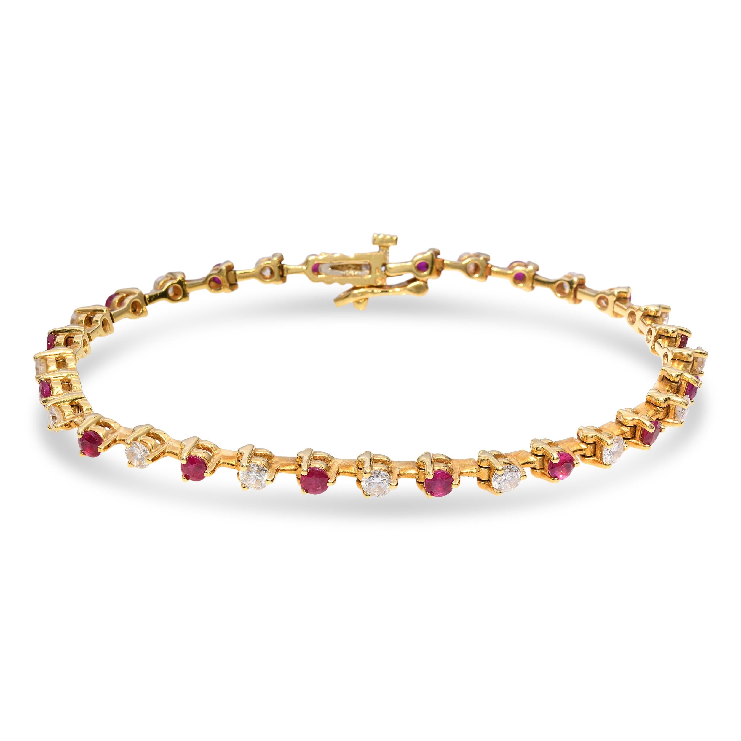 Vintage 18k Yellow Gold Ruby & Diamond Tennis Bracelet