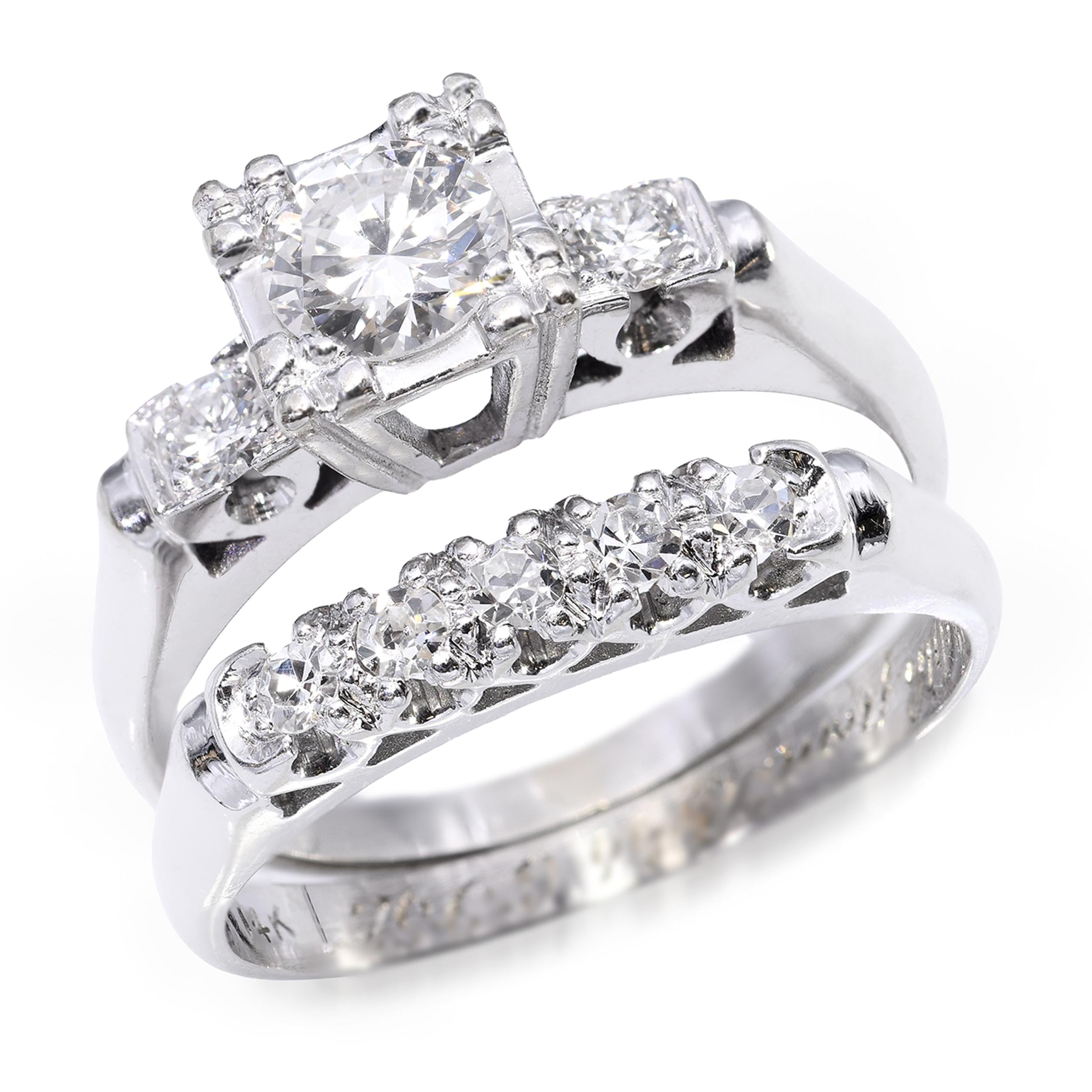Vintage White Gold .77ctw Diamond Engagement & Wedding Band Set