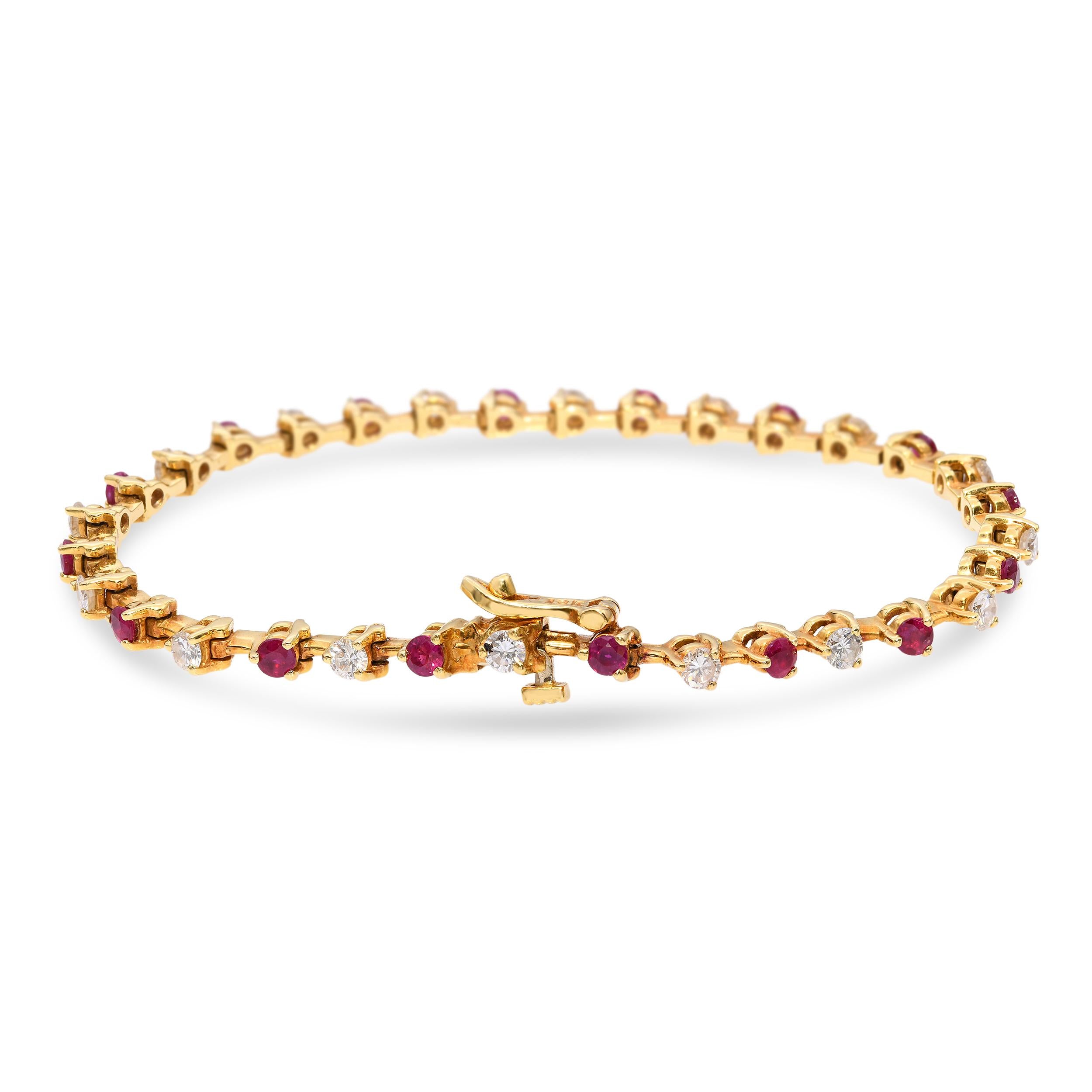 Vintage 18k Yellow Gold Ruby & Diamond Tennis Bracelet