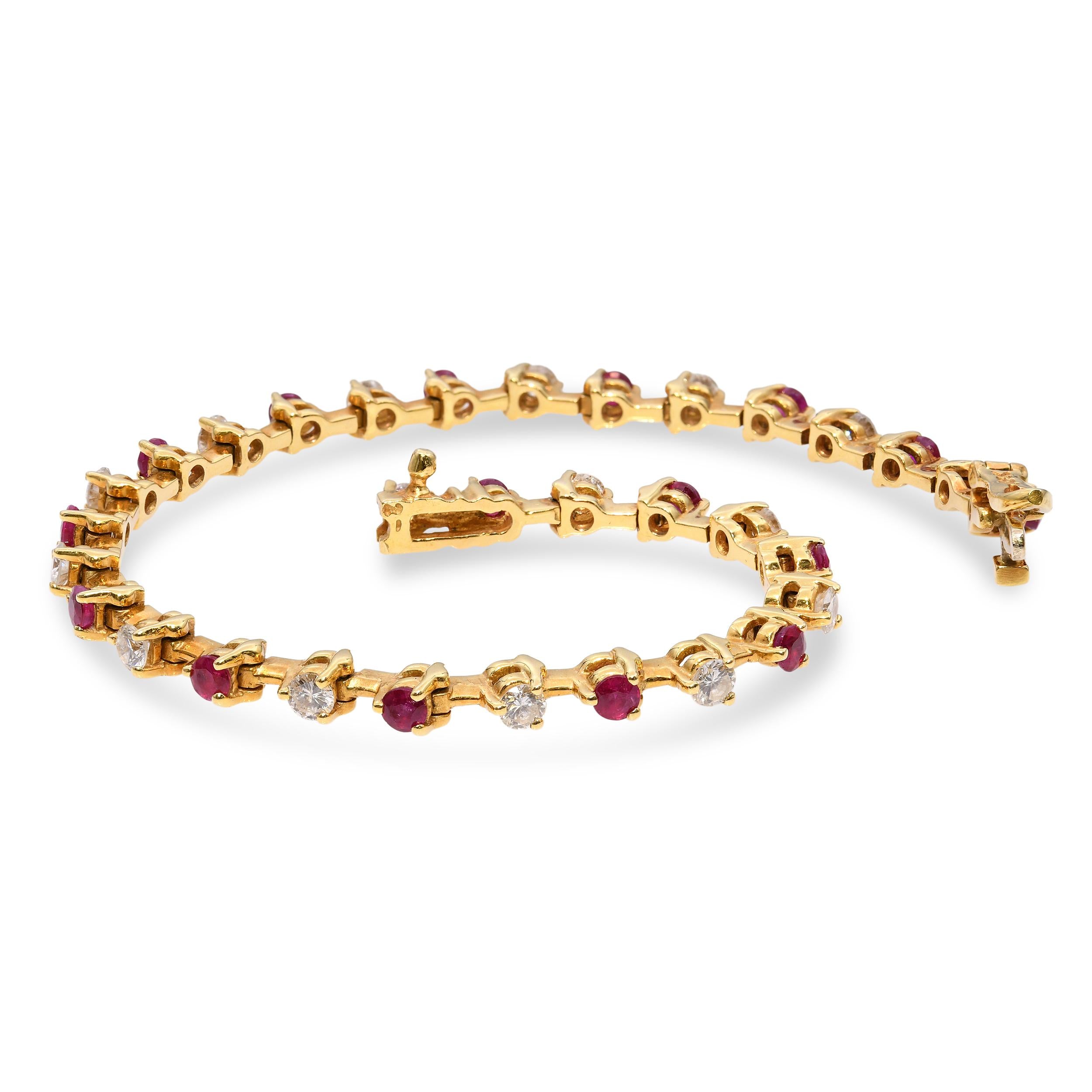 Vintage 18k Yellow Gold Ruby & Diamond Tennis Bracelet