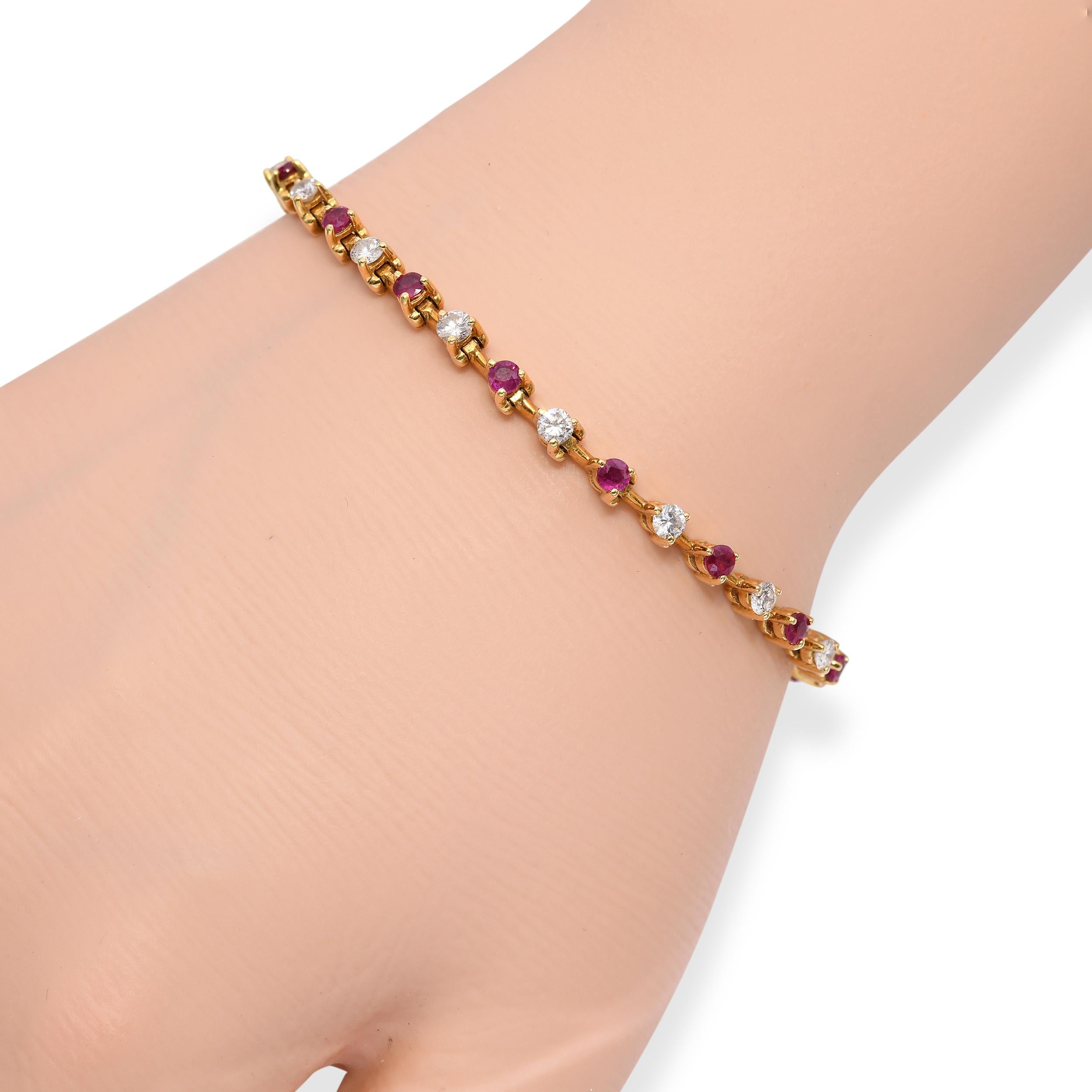 Vintage 18k Yellow Gold Ruby & Diamond Tennis Bracelet