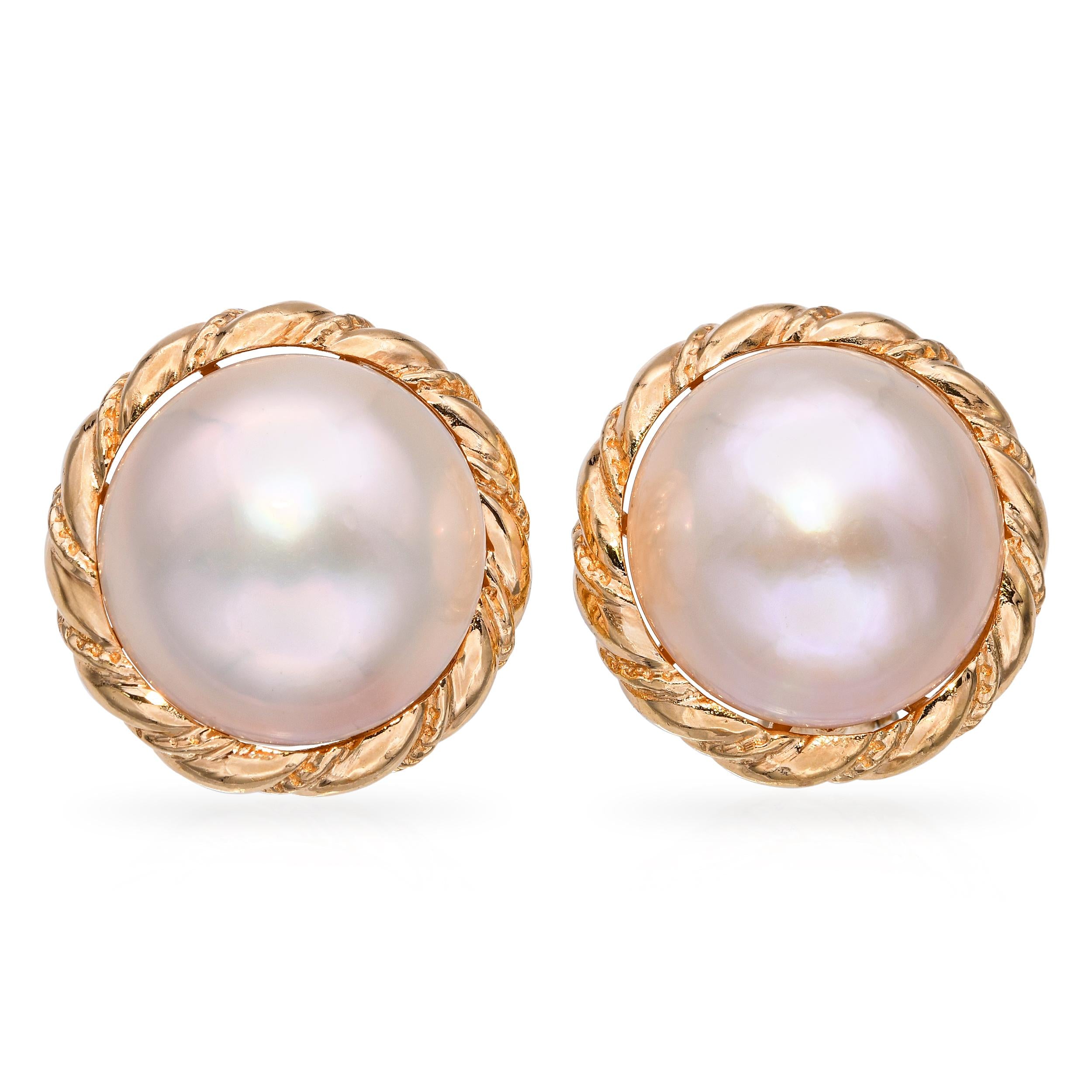 Vintage 14k Yellow Gold Mabe Pearl Braided Earrings