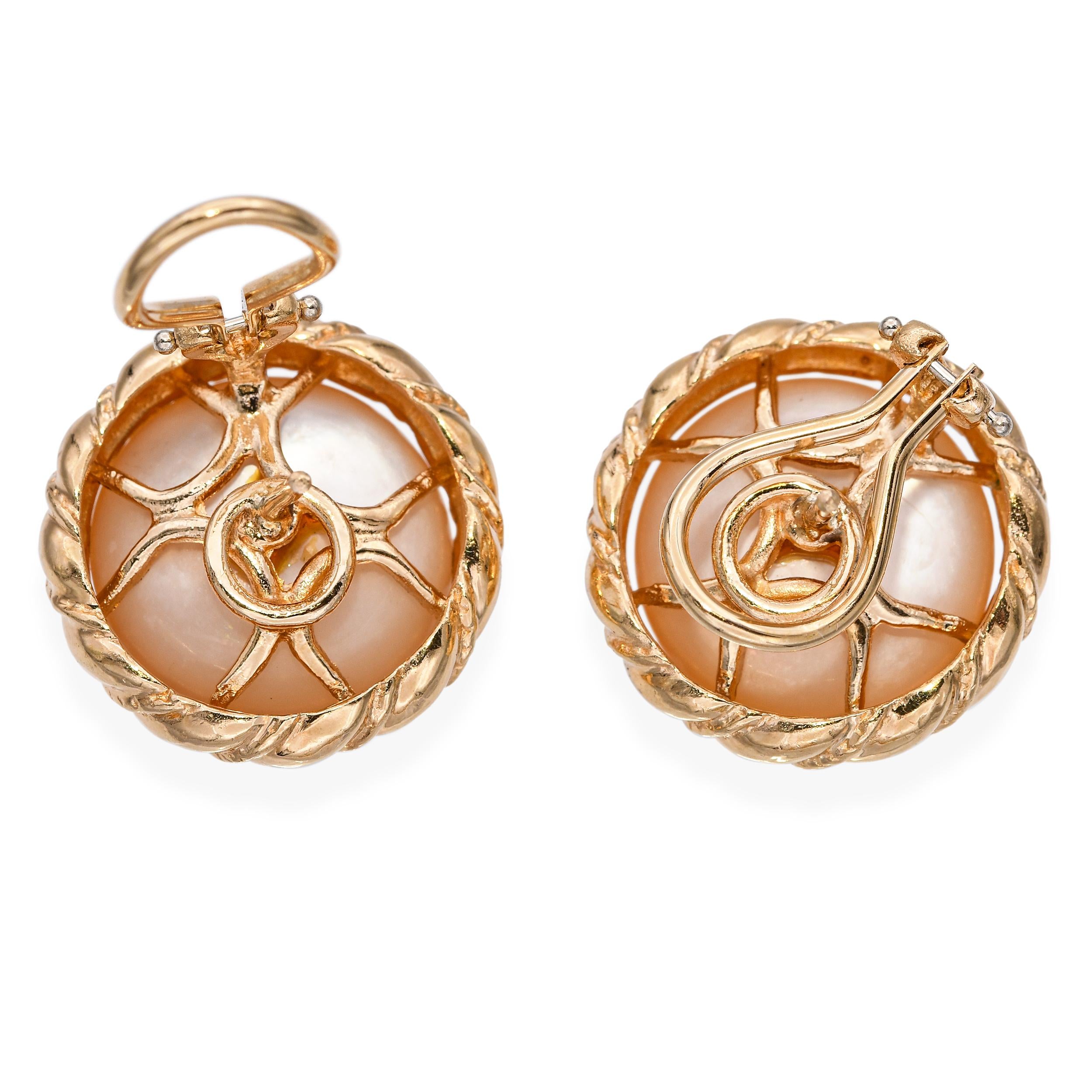 Vintage 14k Yellow Gold Mabe Pearl Braided Earrings