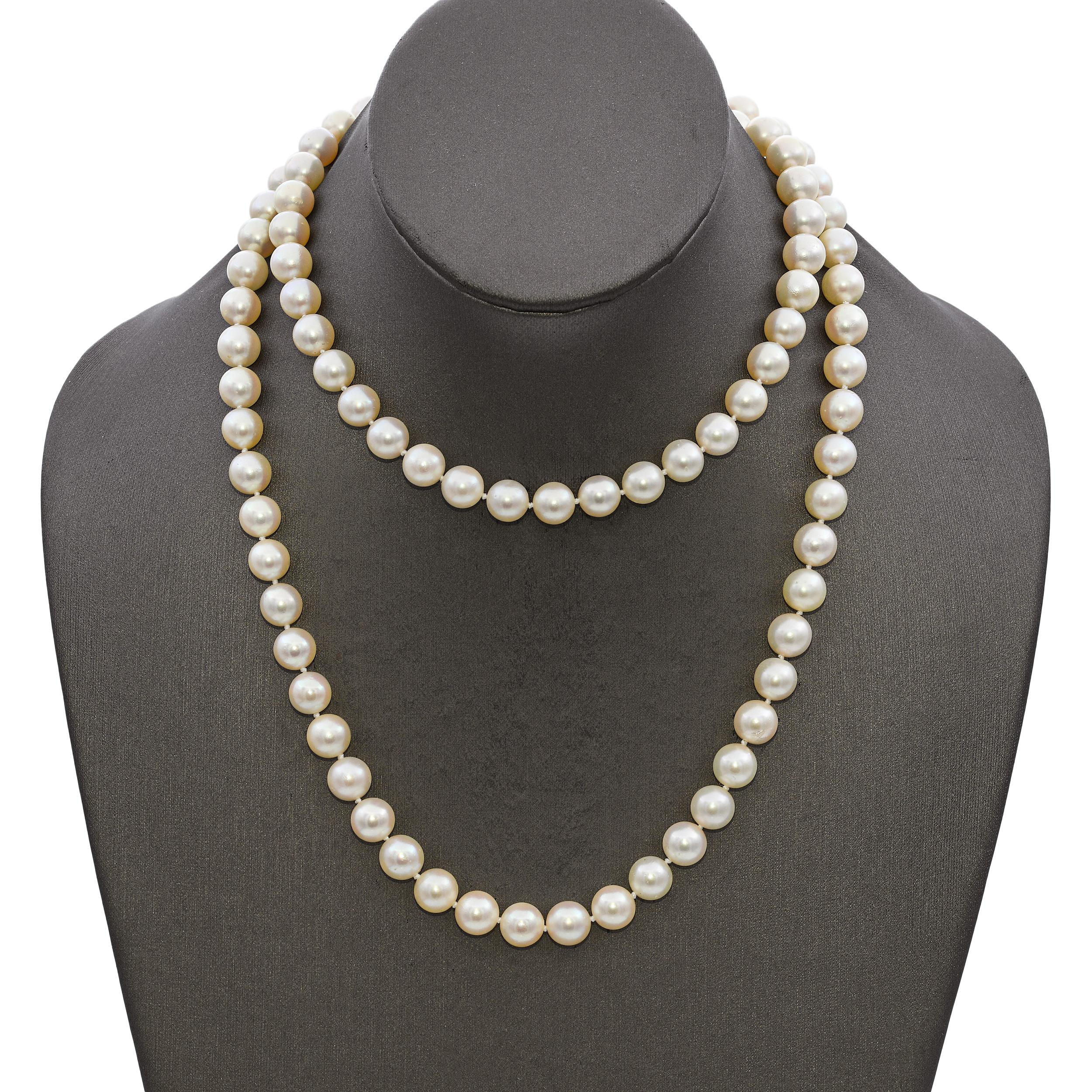 Vintage 14k White Gold Diamond Pave Clasp Akoya Pearl Strand Necklace