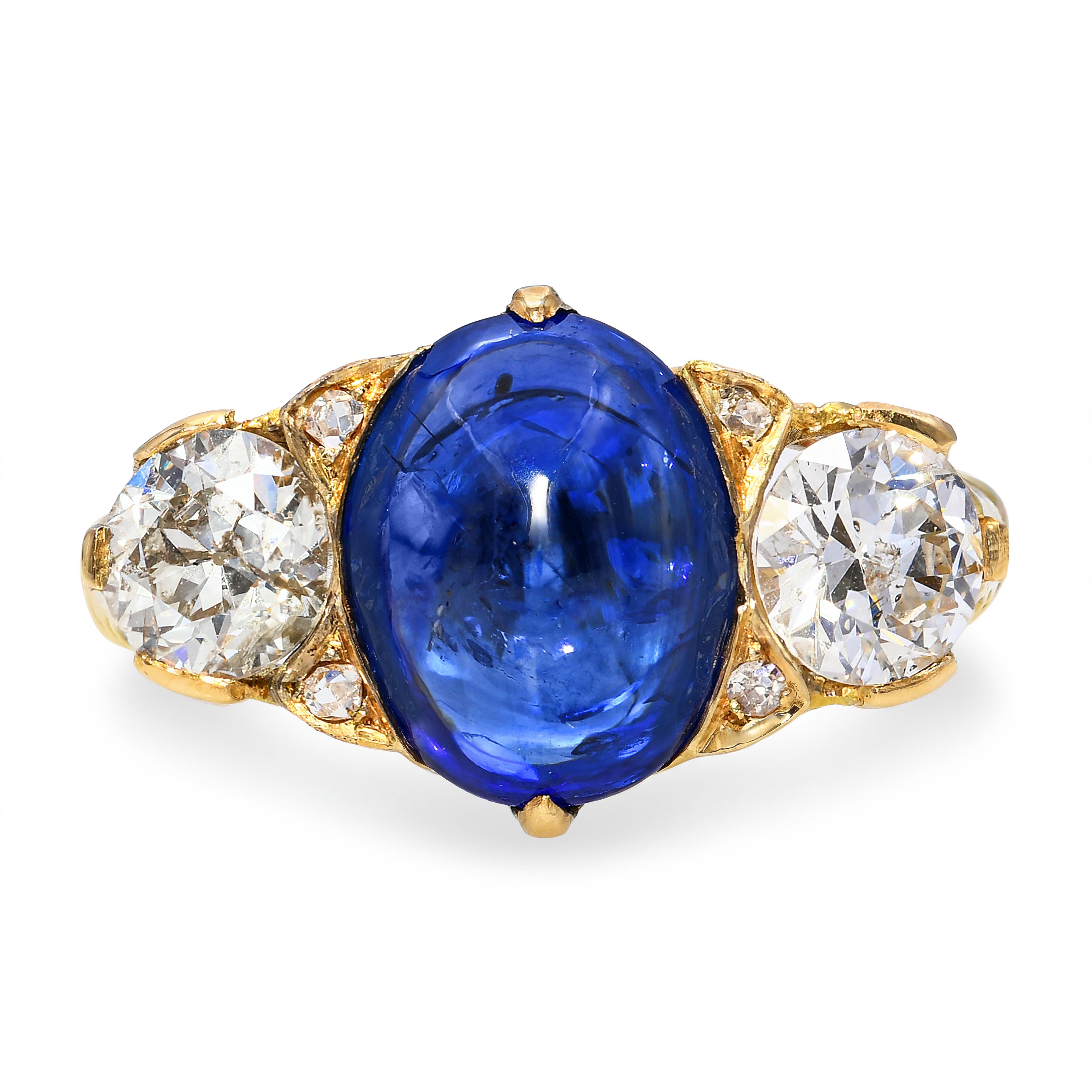 Antique 18k Yellow Gold 3.0ct Cabochon Sapphire and 1.0tcw Old Euro Diamond Ring
