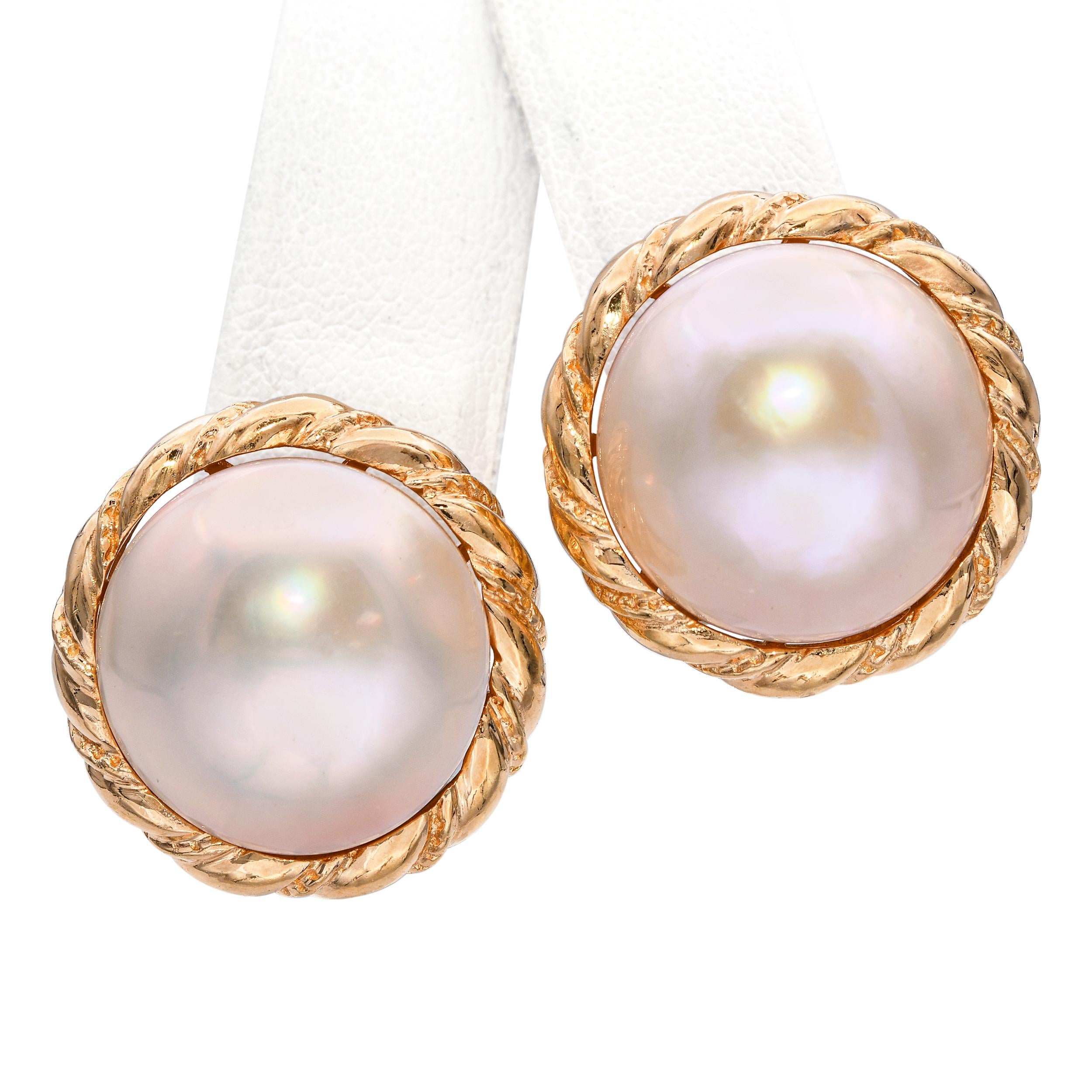 Vintage 14k Yellow Gold Mabe Pearl Braided Earrings