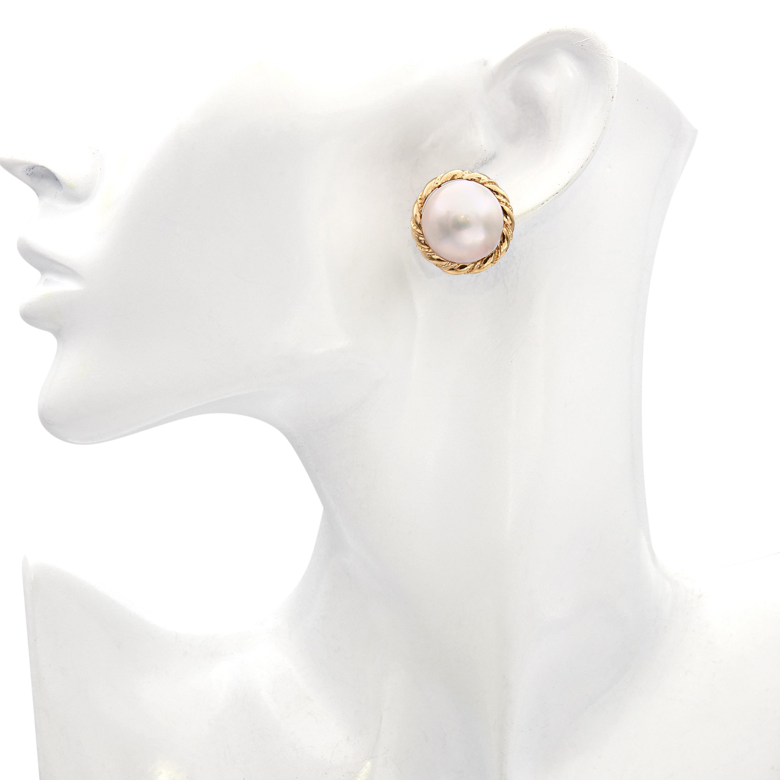 Vintage 14k Yellow Gold Mabe Pearl Braided Earrings