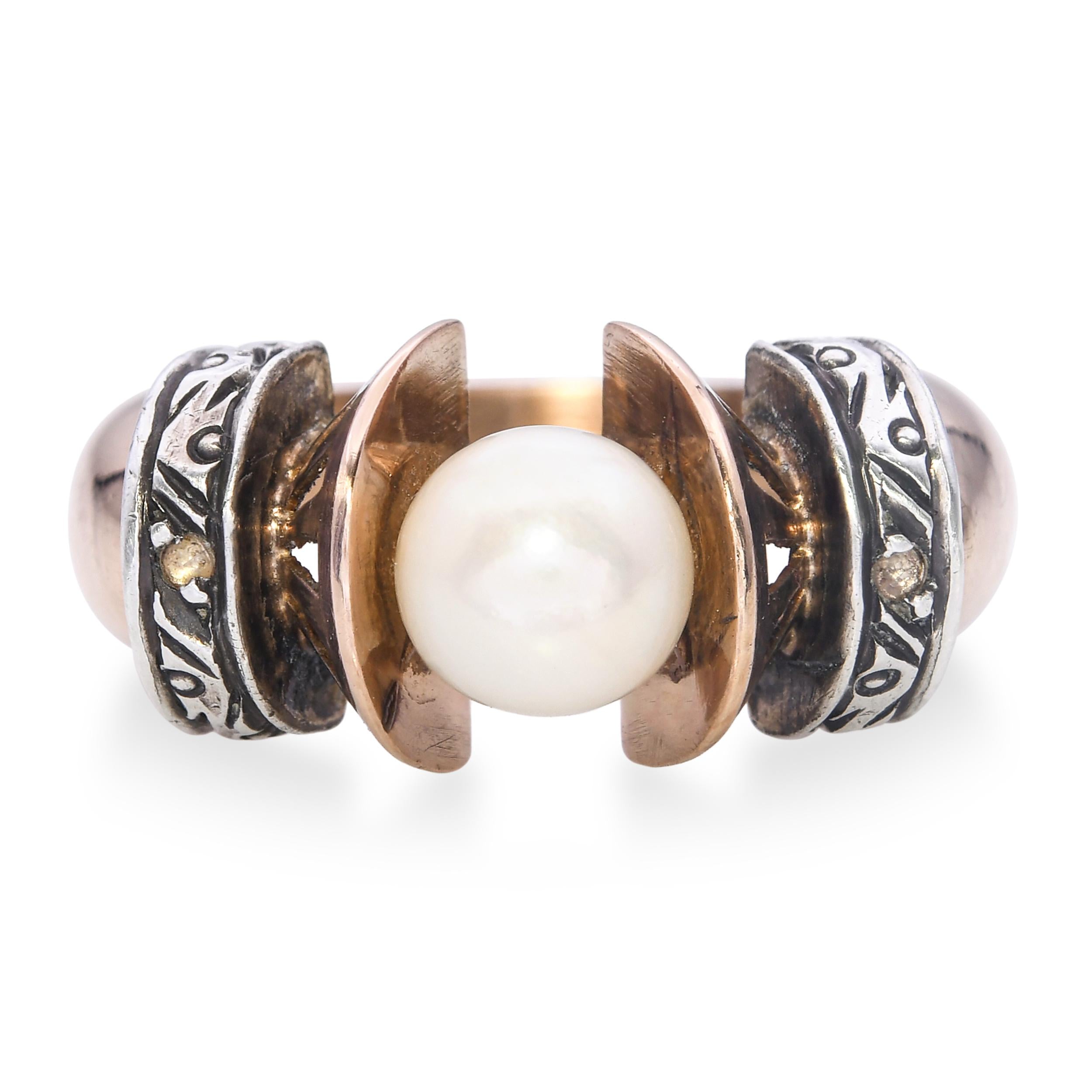 Antique 18k Yellow Gold and Silver Pearl Ring