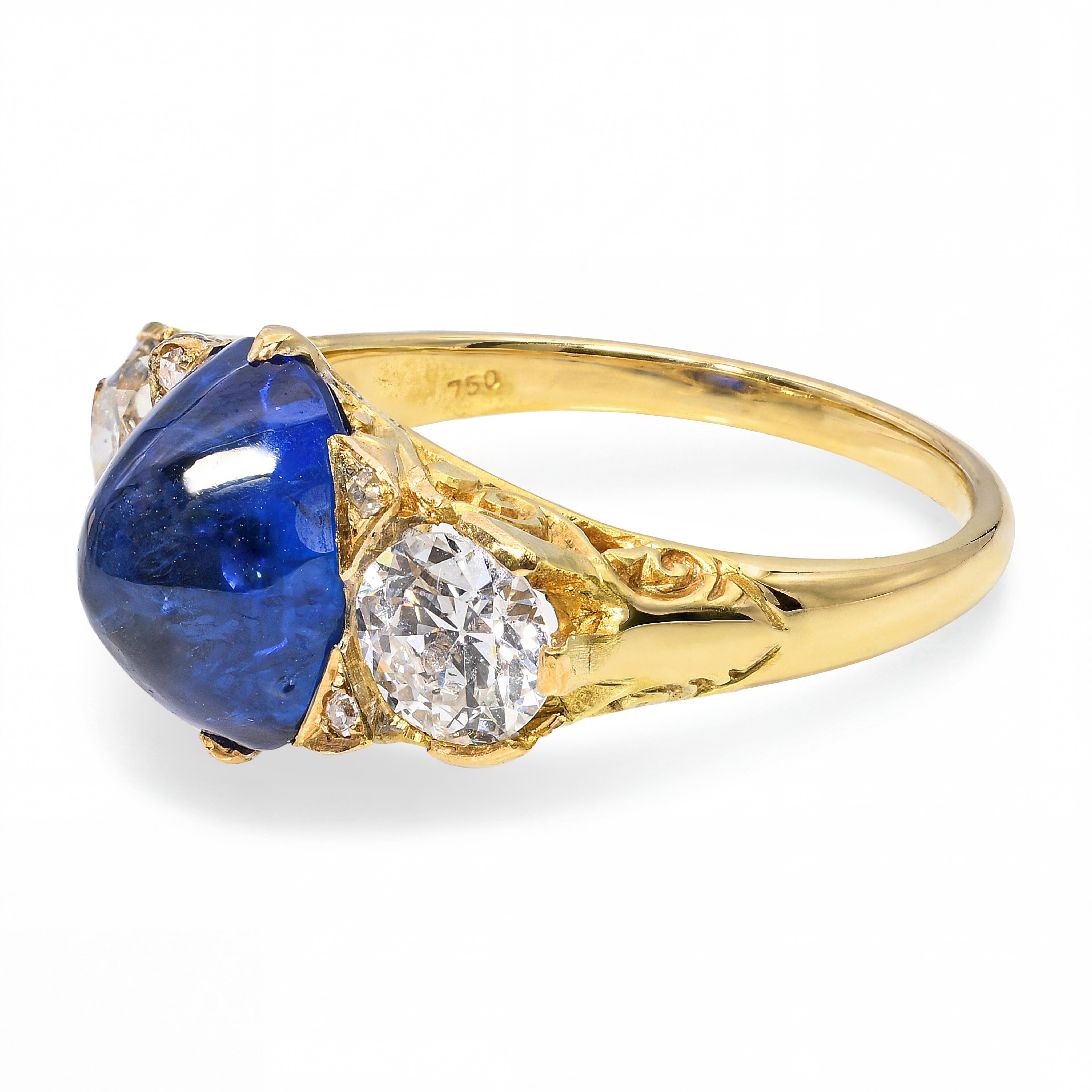 Antique 18k Yellow Gold 3.0ct Cabochon Sapphire and 1.0tcw Old Euro Diamond Ring