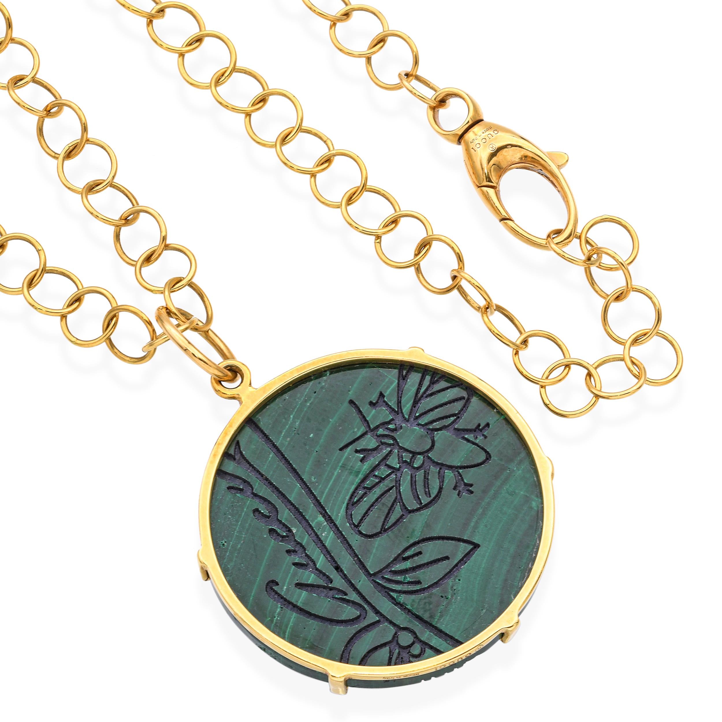 Gucci 18K Yellow Gold Malachite Flora St. Tropez Pendant Necklace