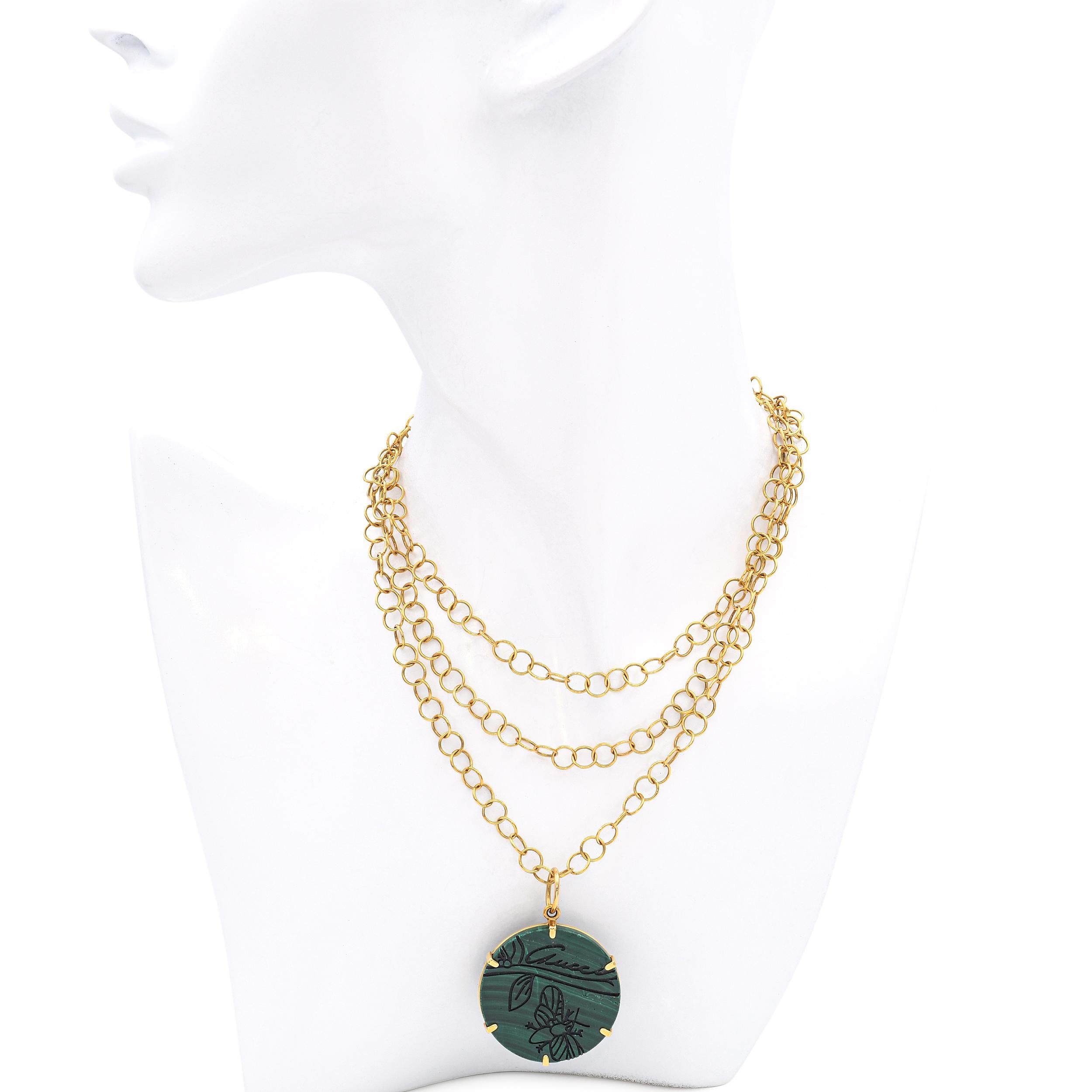 Gucci 18K Yellow Gold Malachite Flora St. Tropez Pendant Necklace